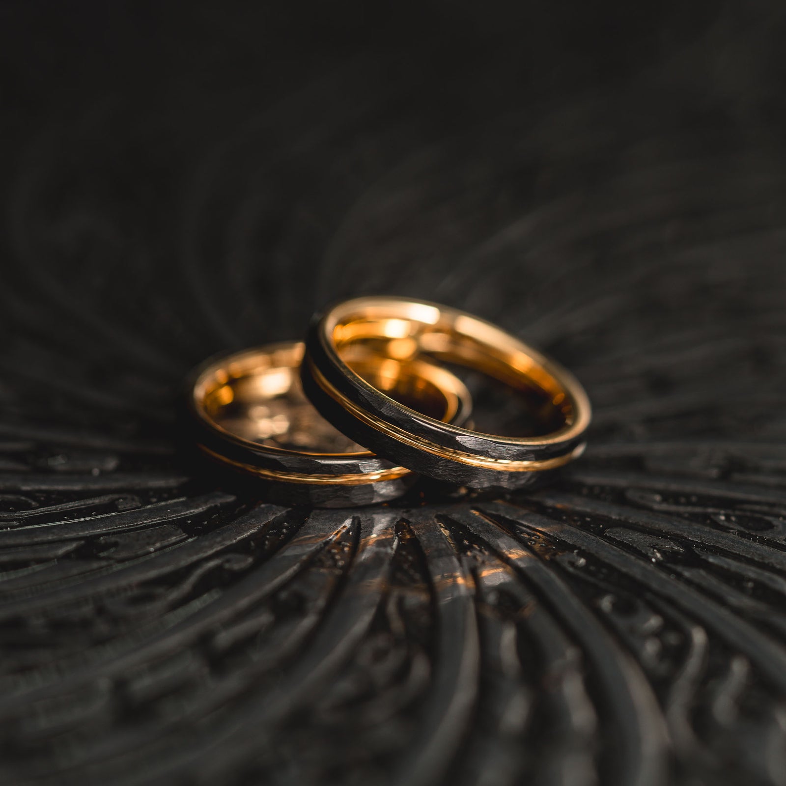 "Hex Forge" Hammered Tungsten Carbide- 4mm Womens- Black x Gold