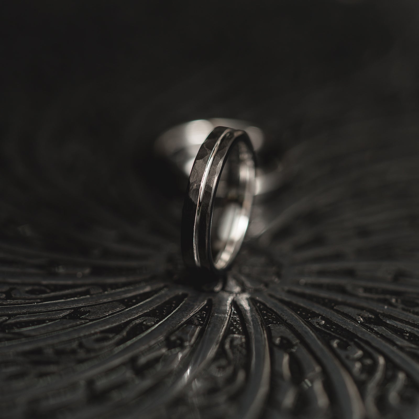 "Hex Forge" Hammered Tungsten Carbide- 4mm Womens- Black x Silver