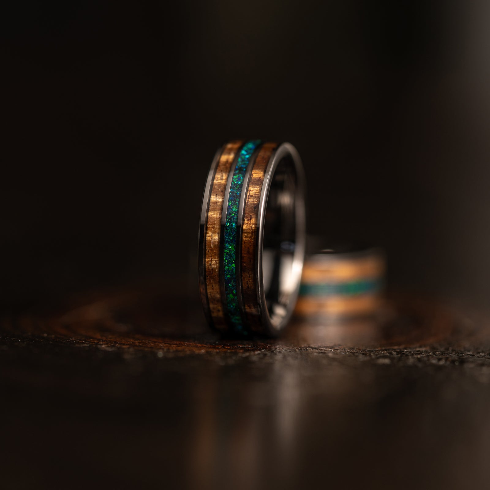 "Dionysus" Koa Wood x Opal Gunmetal Tungsten Ring 6mm/8mm