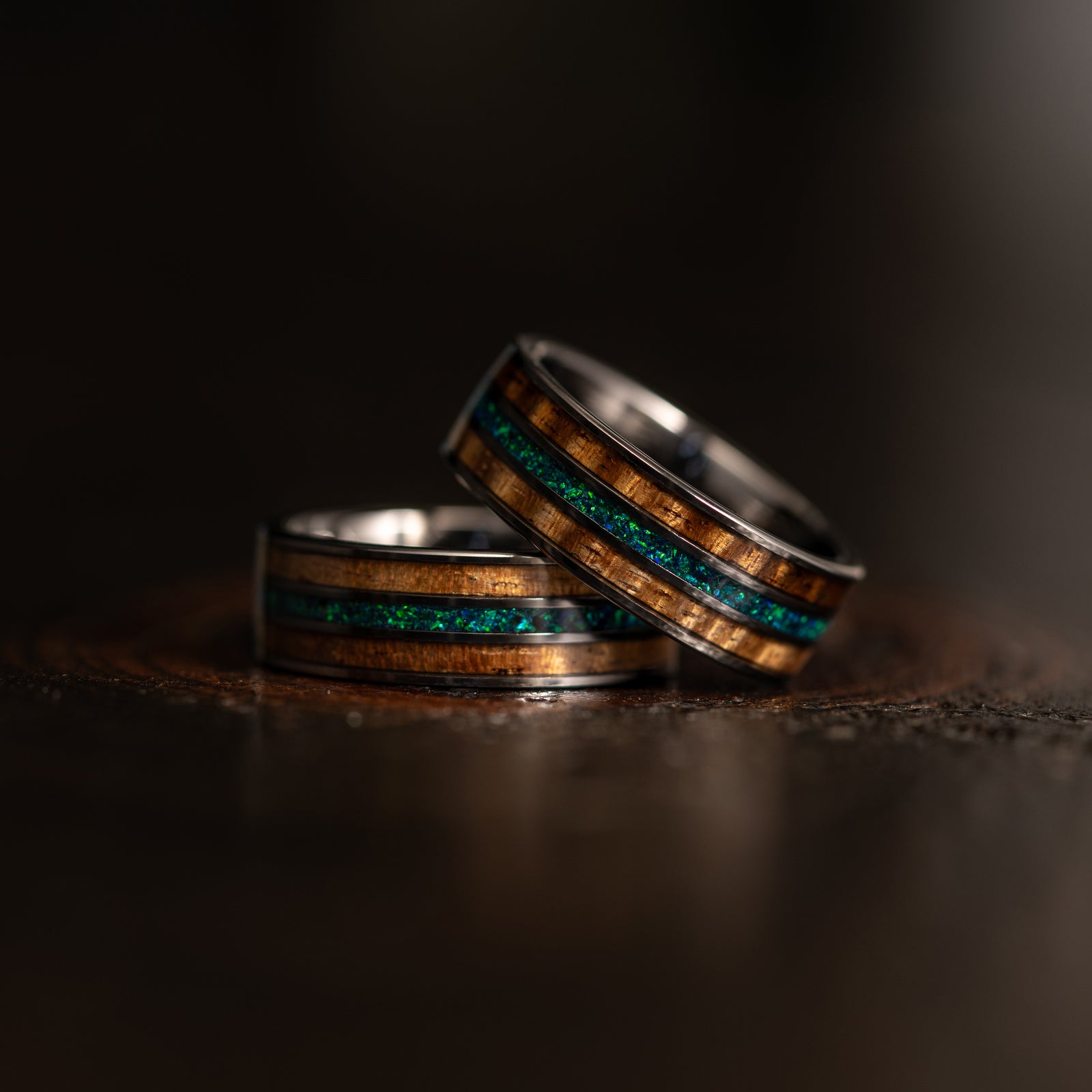 "Dionysus" Koa Wood x Opal Gunmetal Tungsten Ring 6mm/8mm