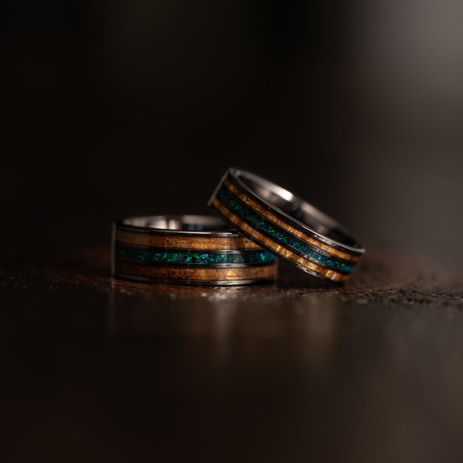 "Dionysus" Koa Wood x Opal Gunmetal Tungsten Ring 6mm/8mm