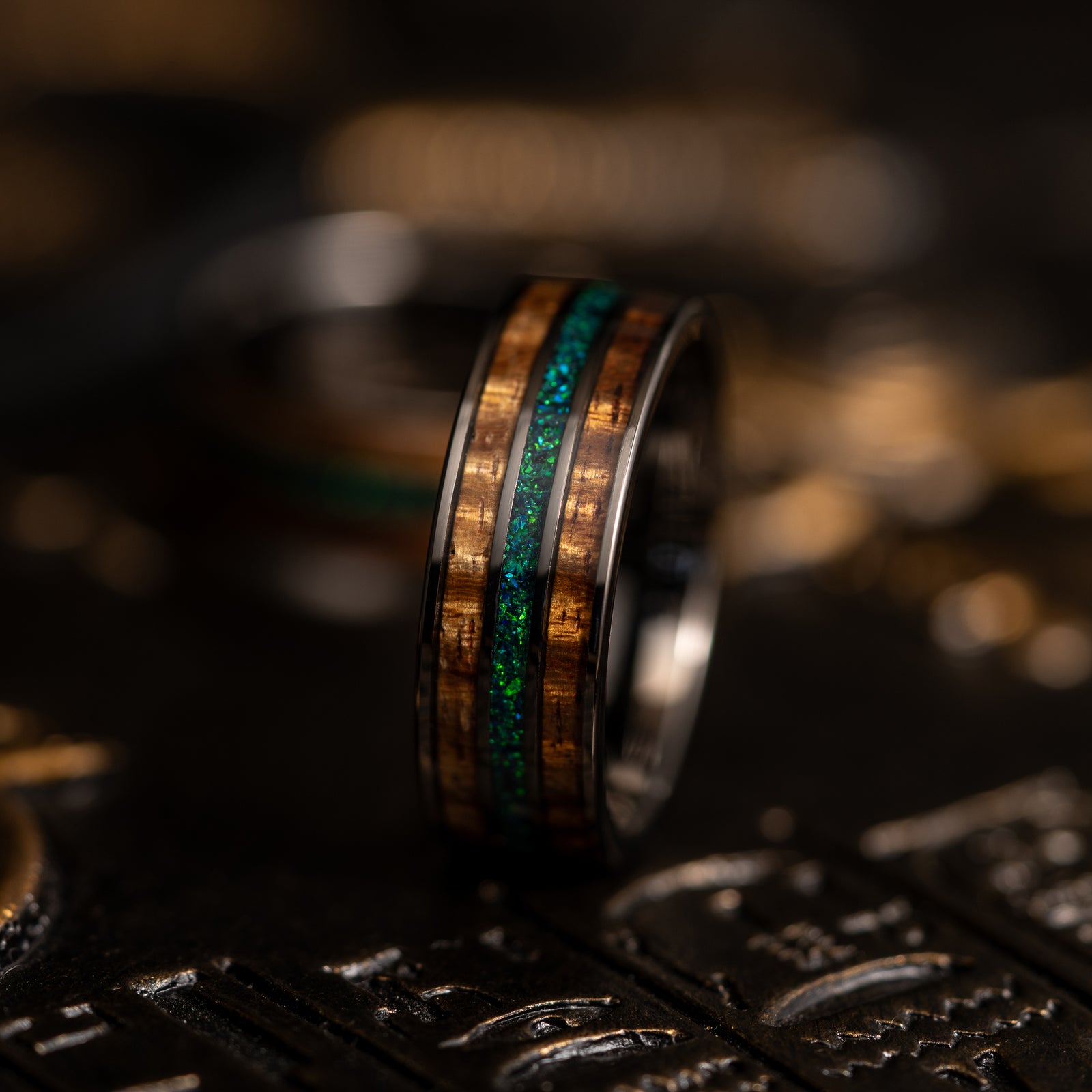 "Dionysus" Koa Wood x Opal Gunmetal Tungsten Ring 6mm/8mm