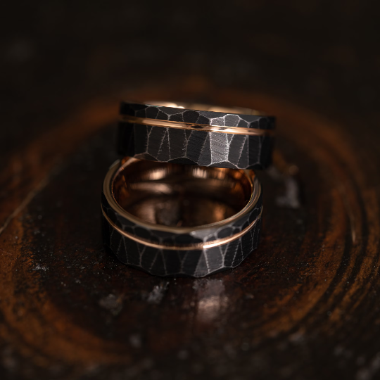 "Zeus" Distressed Hammered Tungsten Carbide Ring- Black w/ Rose Gold Gold Strip- 8mm