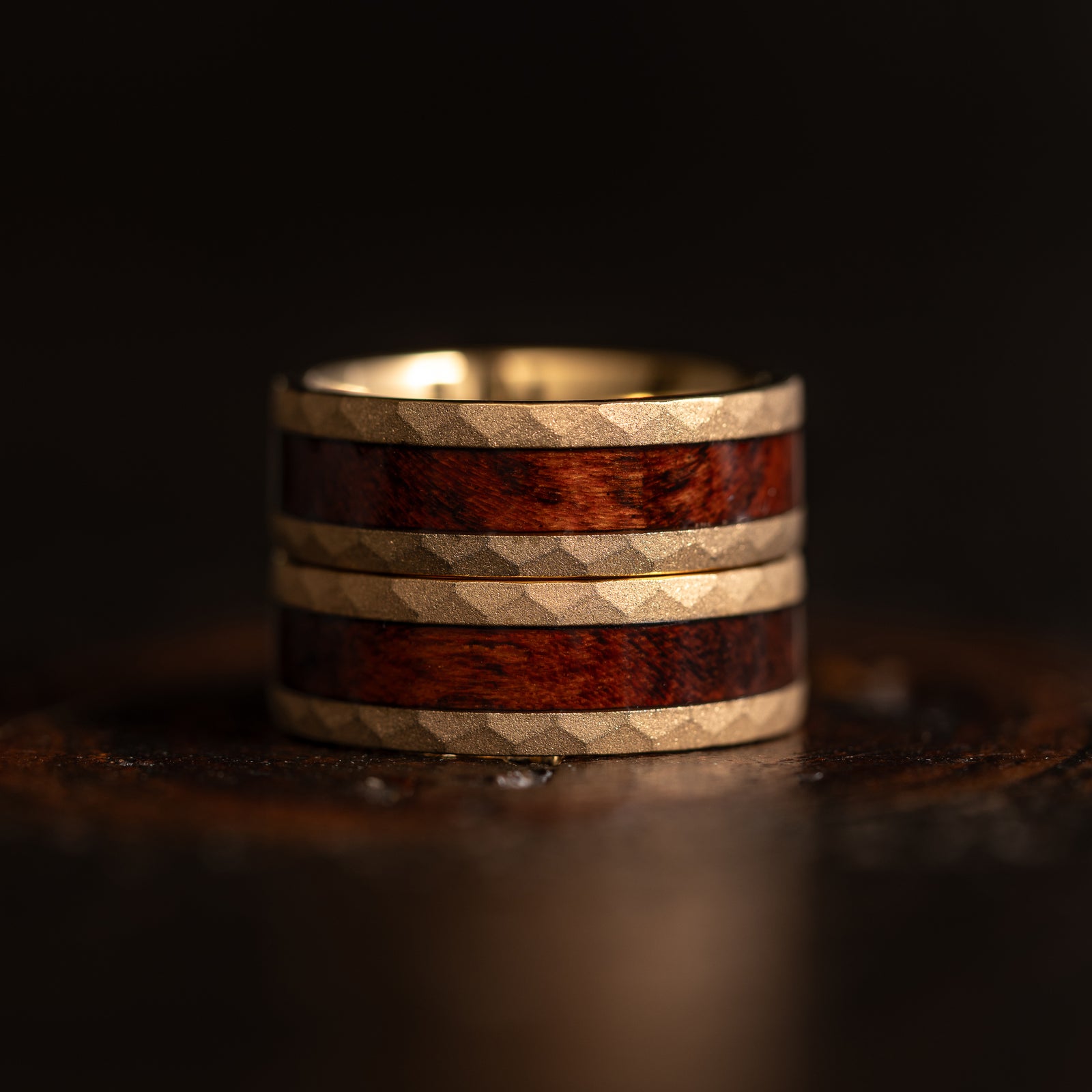 "Golden Serpent" Snakewood x Yellow Gold Hammered Tungsten