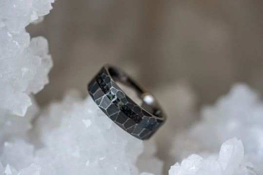 "Zeus" Distressed Hammered Dinosaur fossil - Tungsten Carbide Ring- Black w/ Blue - Black Dinosaur Bone- 8mm