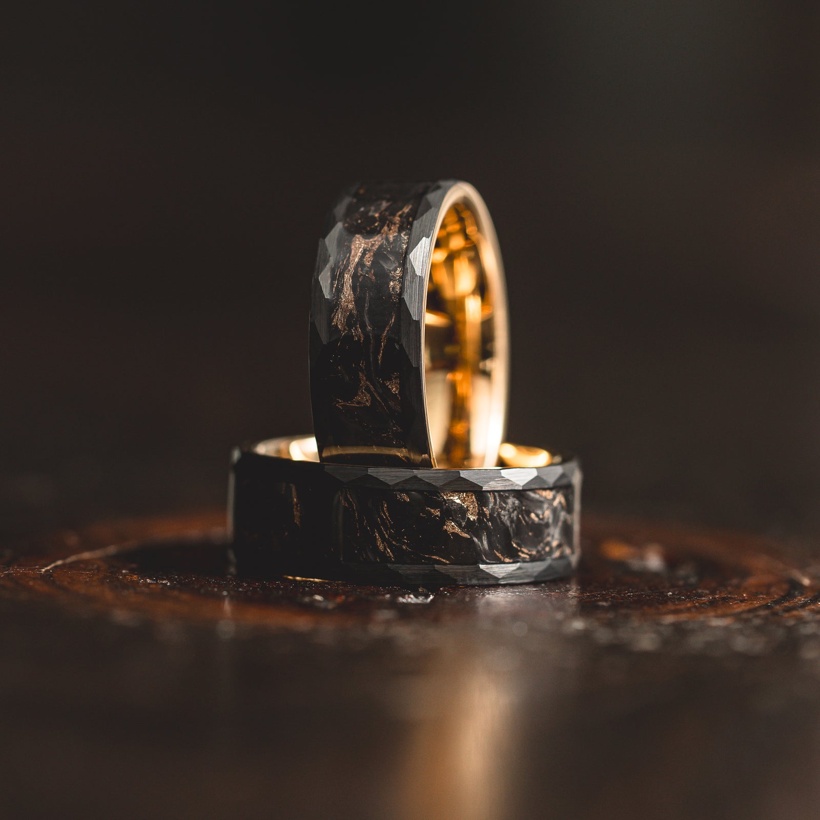 "Obsidian Vortex" Forged Carbon with Yellow Gold Swirl 6mm/8mm