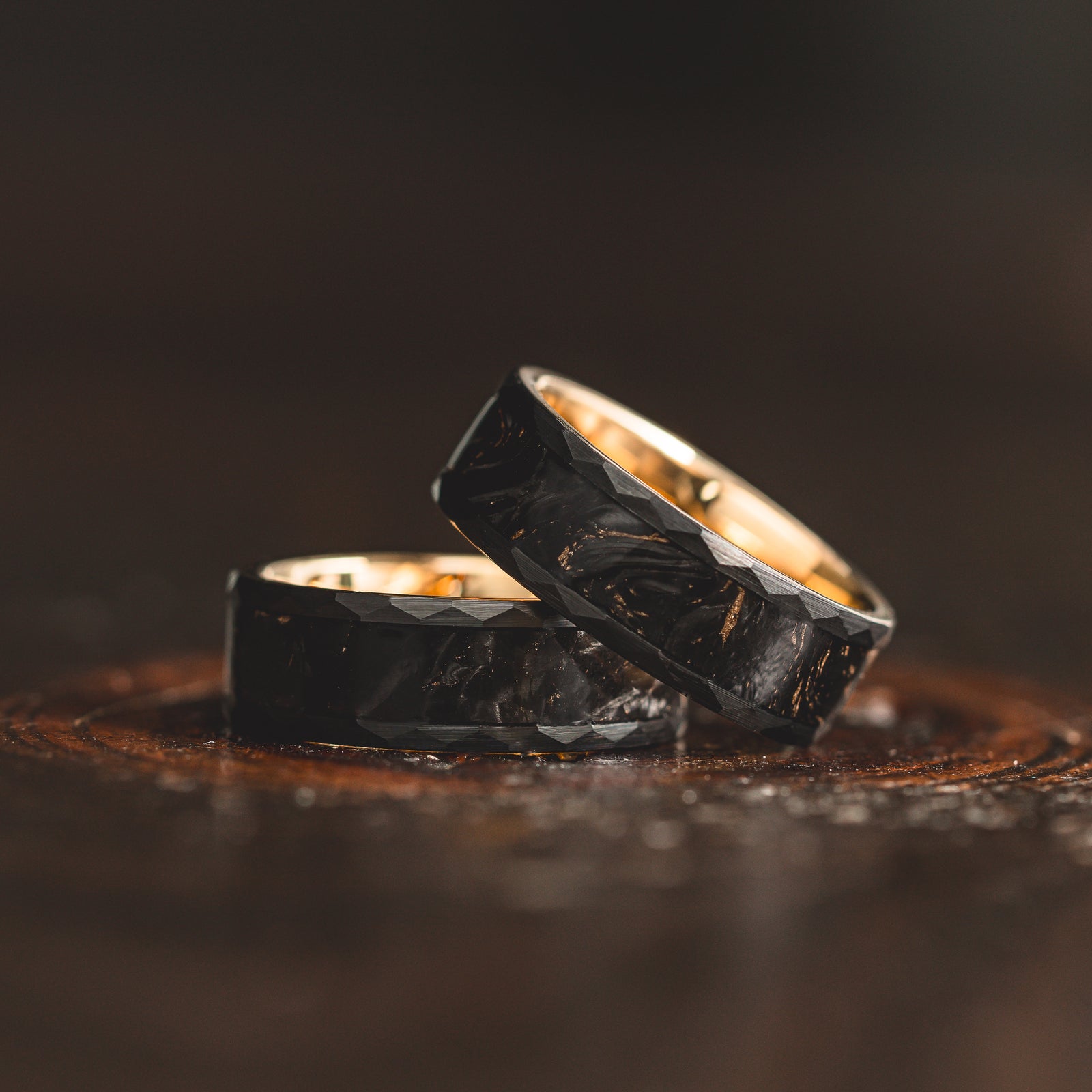 "Obsidian Vortex" Forged Carbon with Yellow Gold Swirl 6mm/8mm