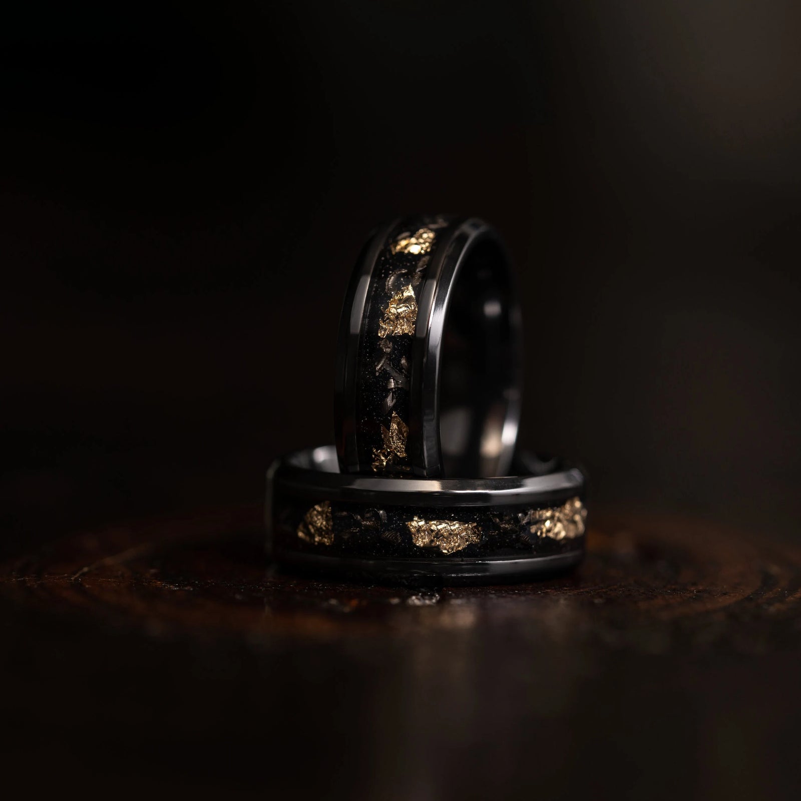 "Hades" Hammered Black Zirconium x Gold Leaf - Meteorite - 8mm