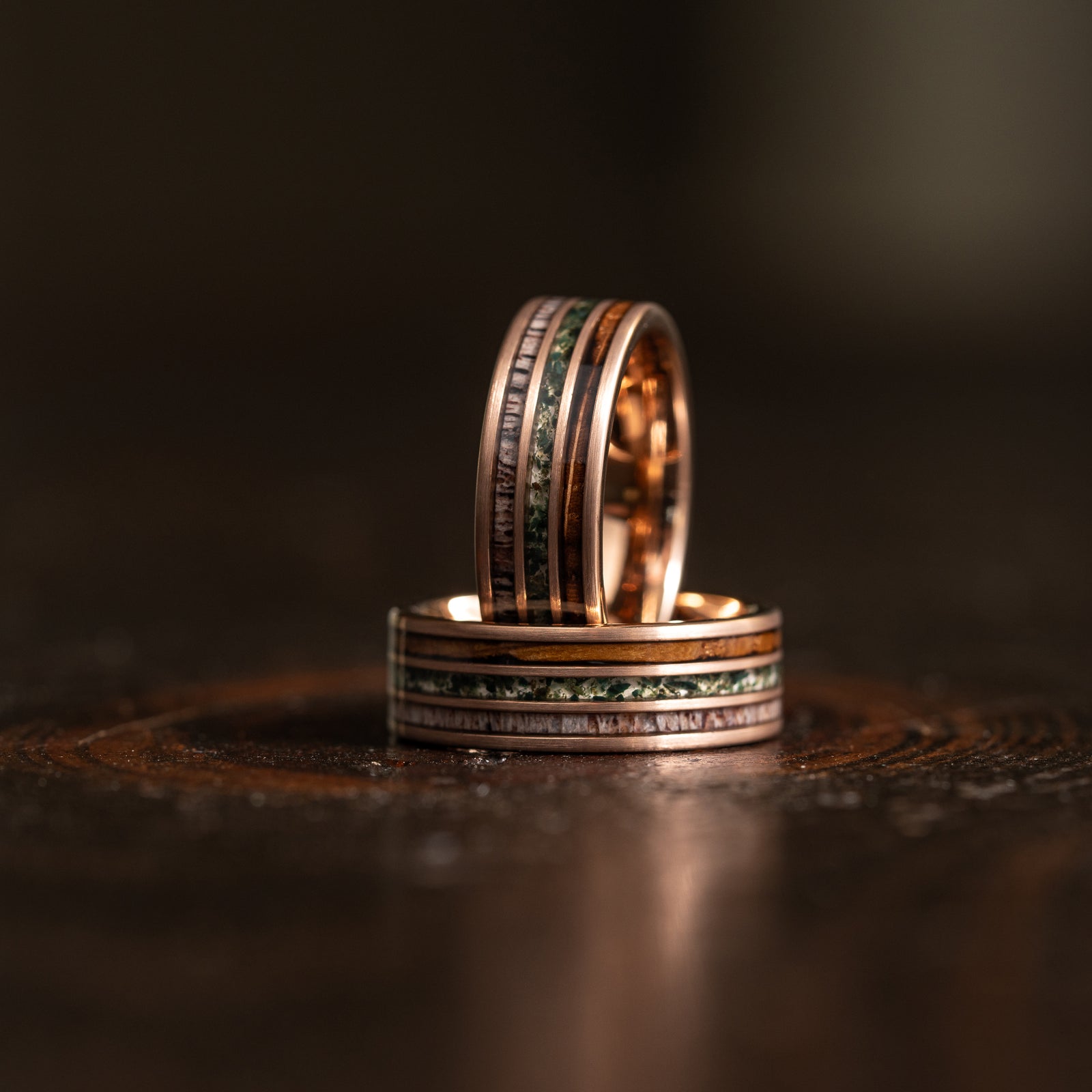 "Highlander" Brushed Rose Gold Tungsten with Whisky Barrel x Moss Agate x Antler