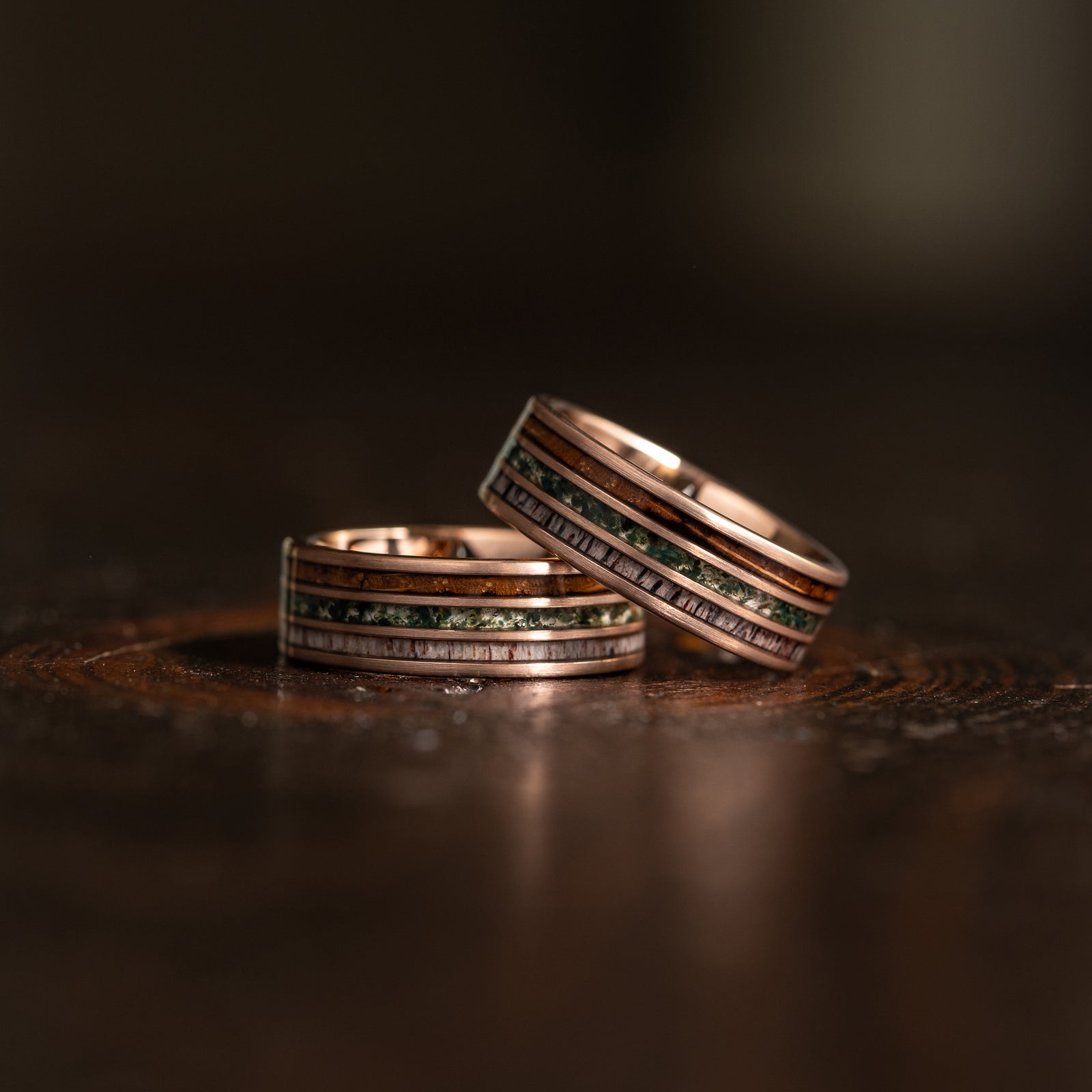 "Highlander" Brushed Rose Gold Tungsten with Whisky Barrel x Moss Agate x Antler