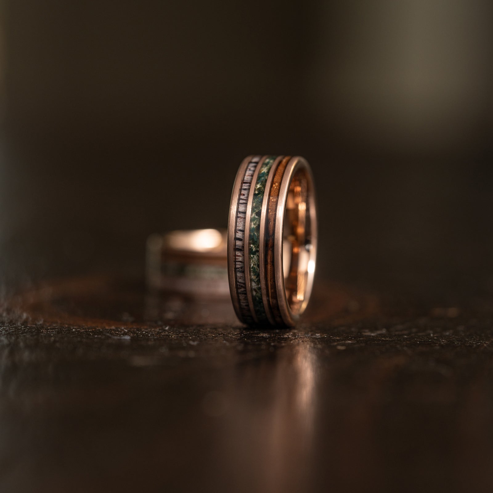 "Highlander" Brushed Rose Gold Tungsten with Whisky Barrel x Moss Agate x Antler