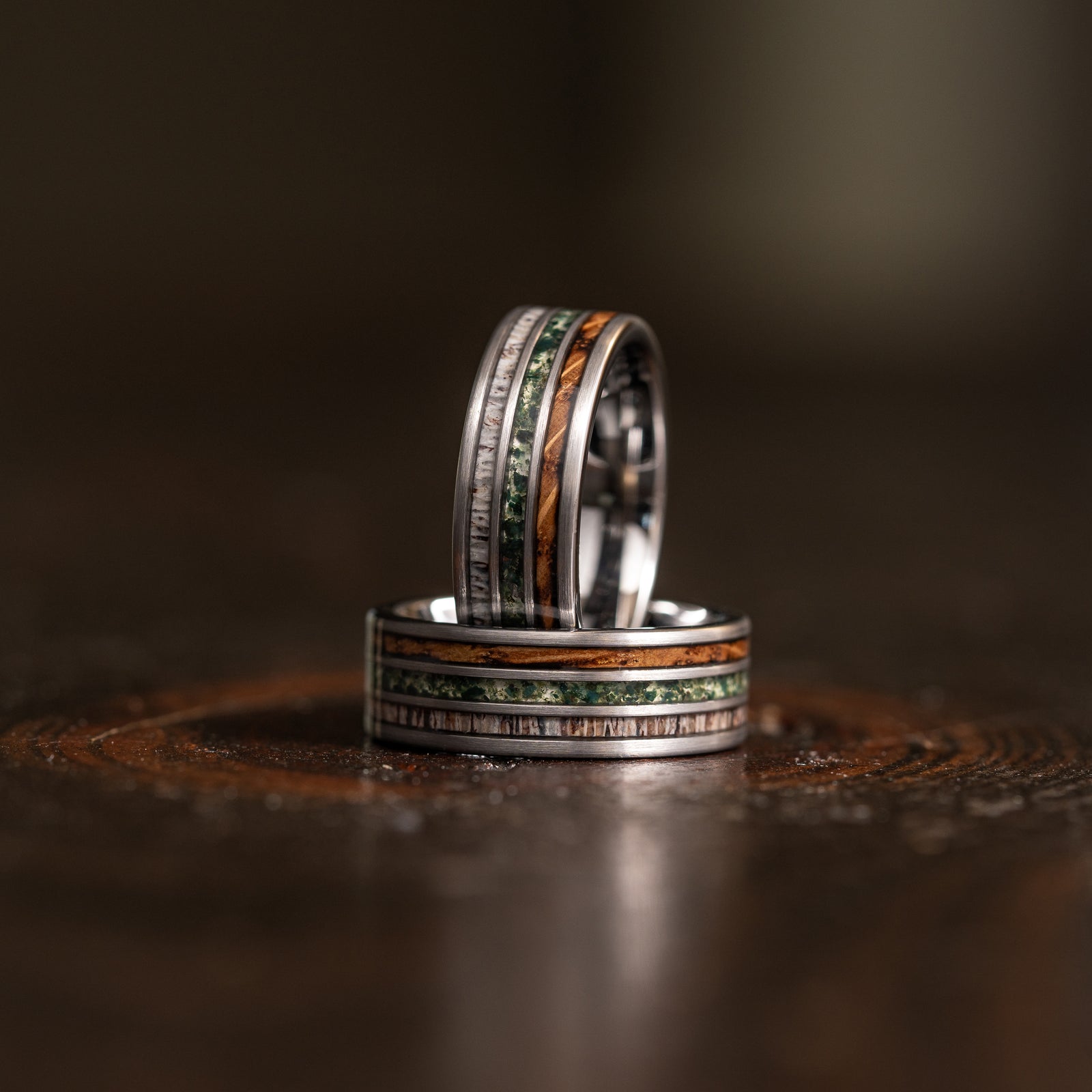 "Highlander" Brushed Silver Tungsten with Whisky Barrel x Moss Agate x Antler
