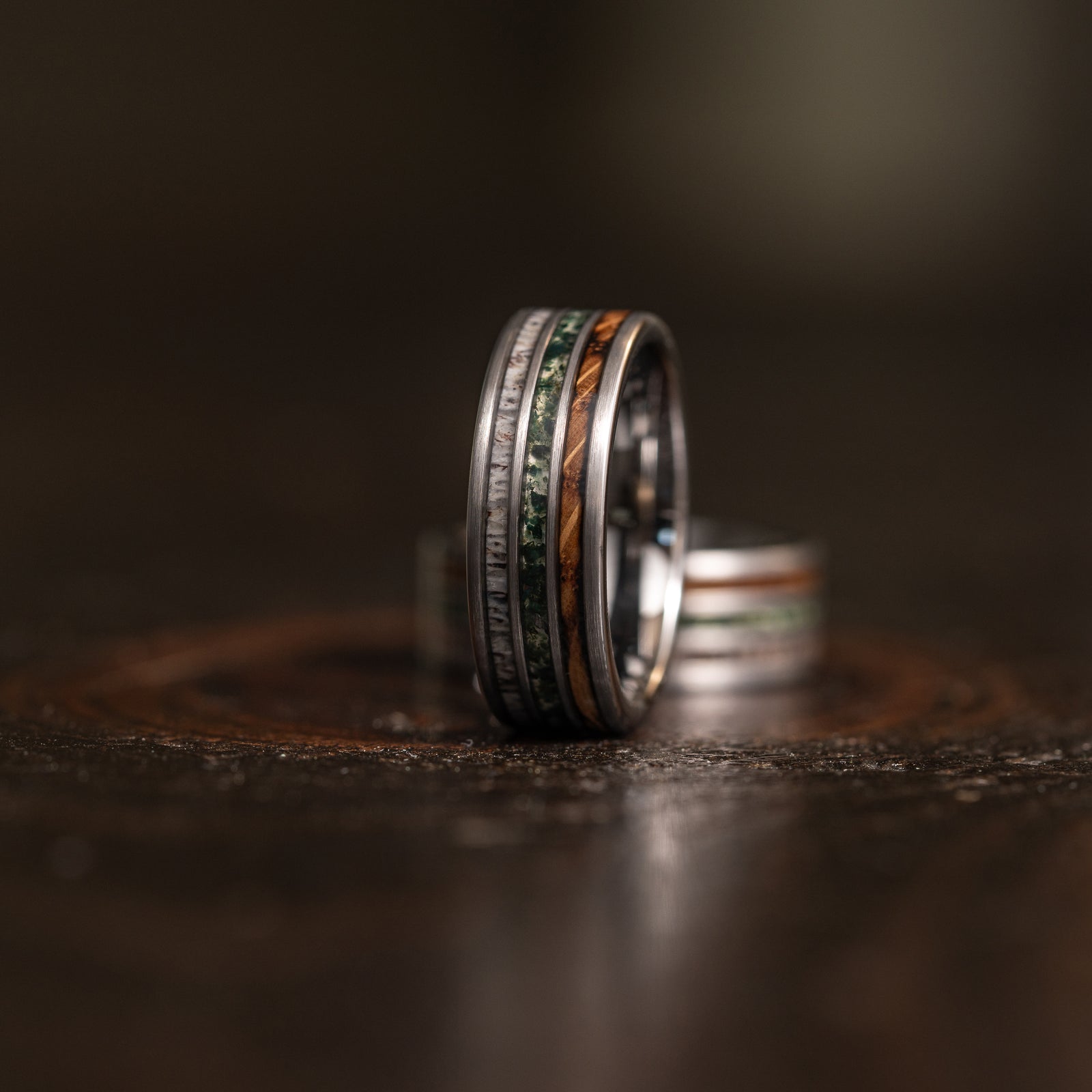 "Highlander" Brushed Silver Tungsten with Whisky Barrel x Moss Agate x Antler