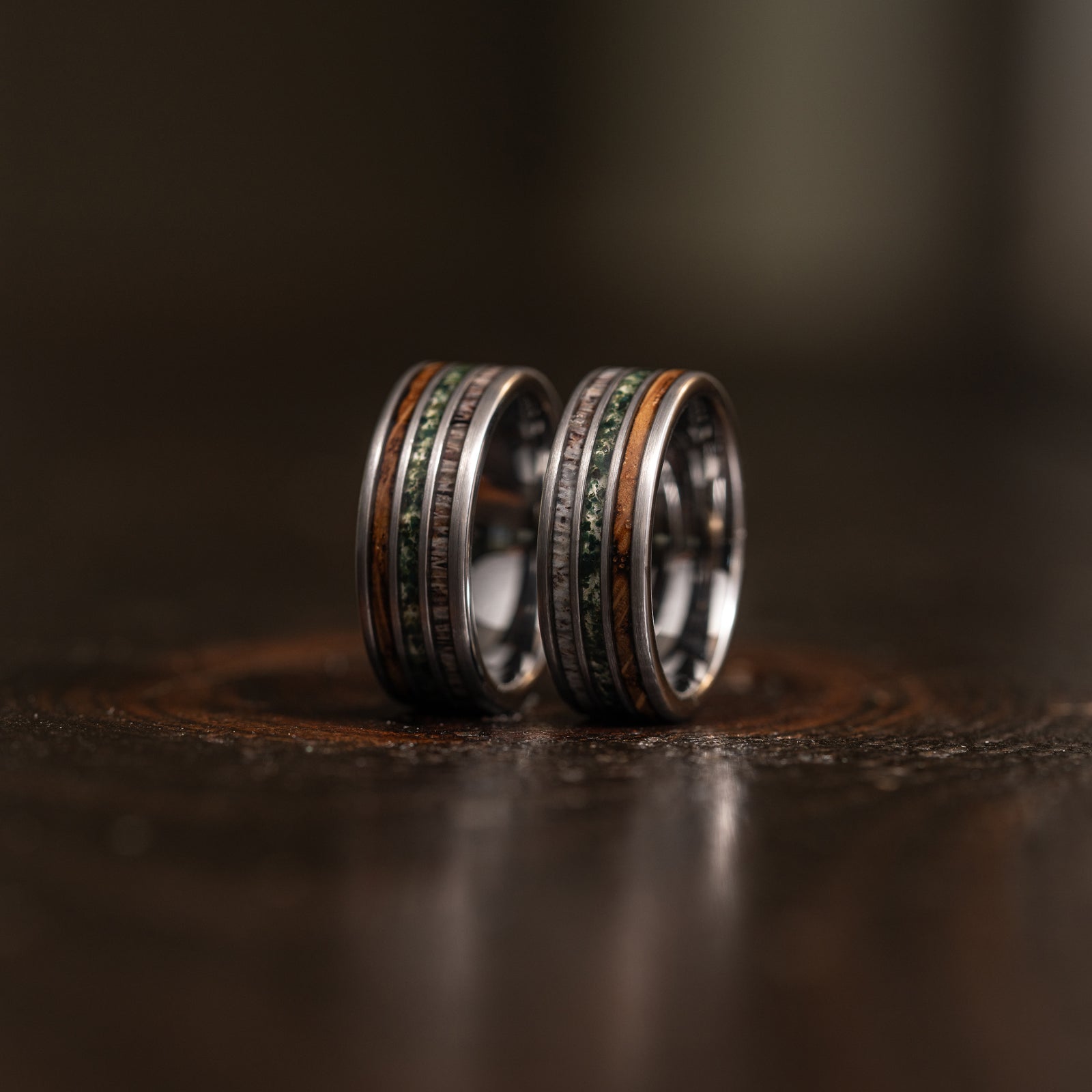 "Highlander" Brushed Silver Tungsten with Whisky Barrel x Moss Agate x Antler