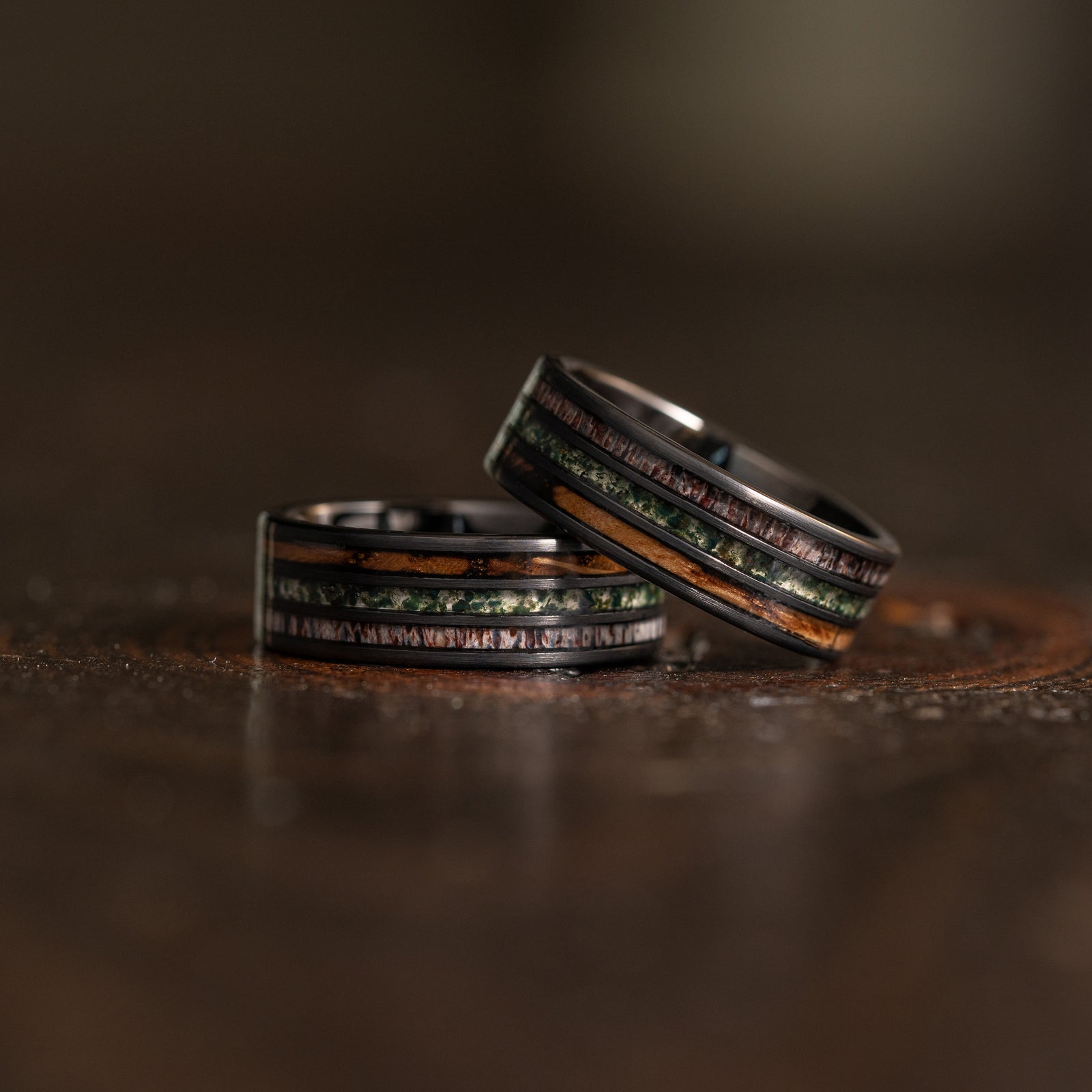 "Highlander" Brushed Black Tungsten with Whisky Barrel x Moss Agate x Antler