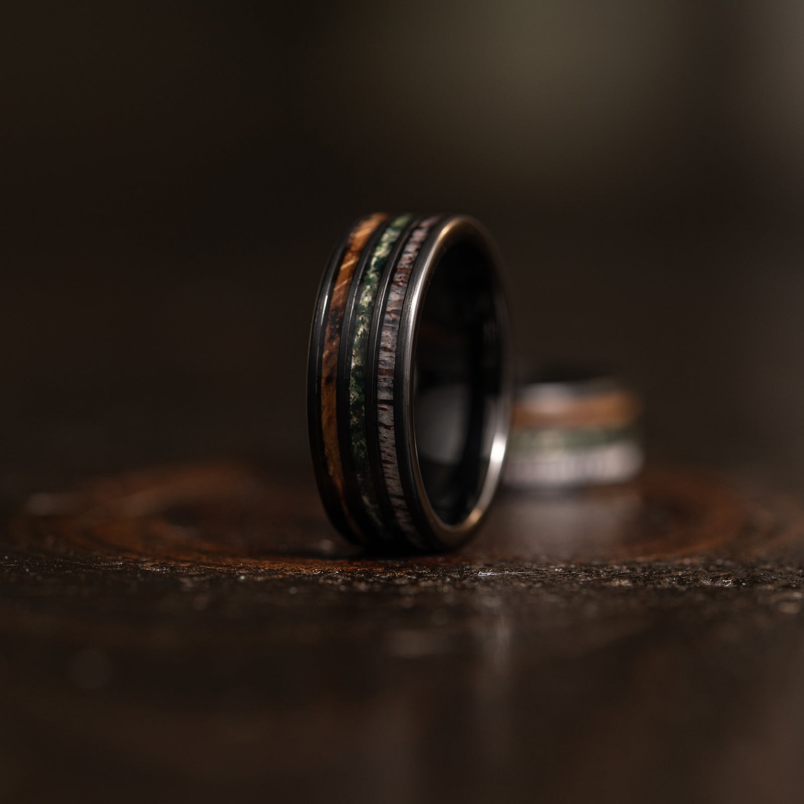 "Highlander" Brushed Black Tungsten with Whisky Barrel x Moss Agate x Antler