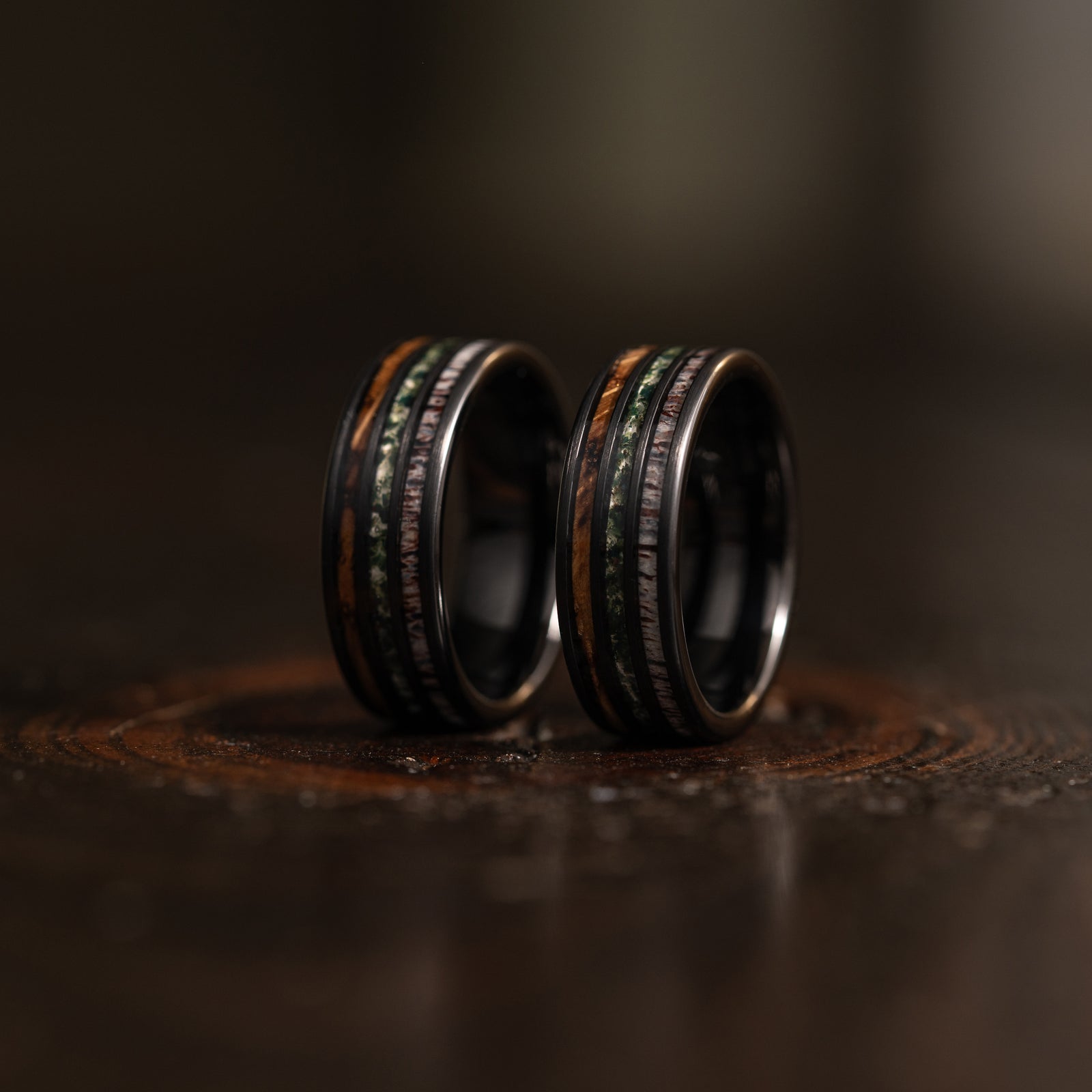 "Highlander" Brushed Black Tungsten with Whisky Barrel x Moss Agate x Antler