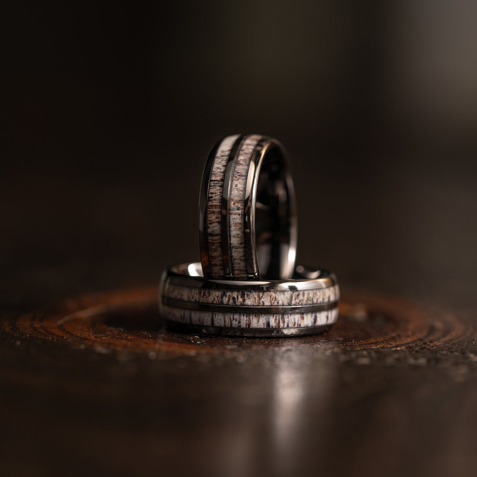 "Dionysus" Double Barrel Naturally Shed Antler Gunmetal Tungsten Ring- Domed