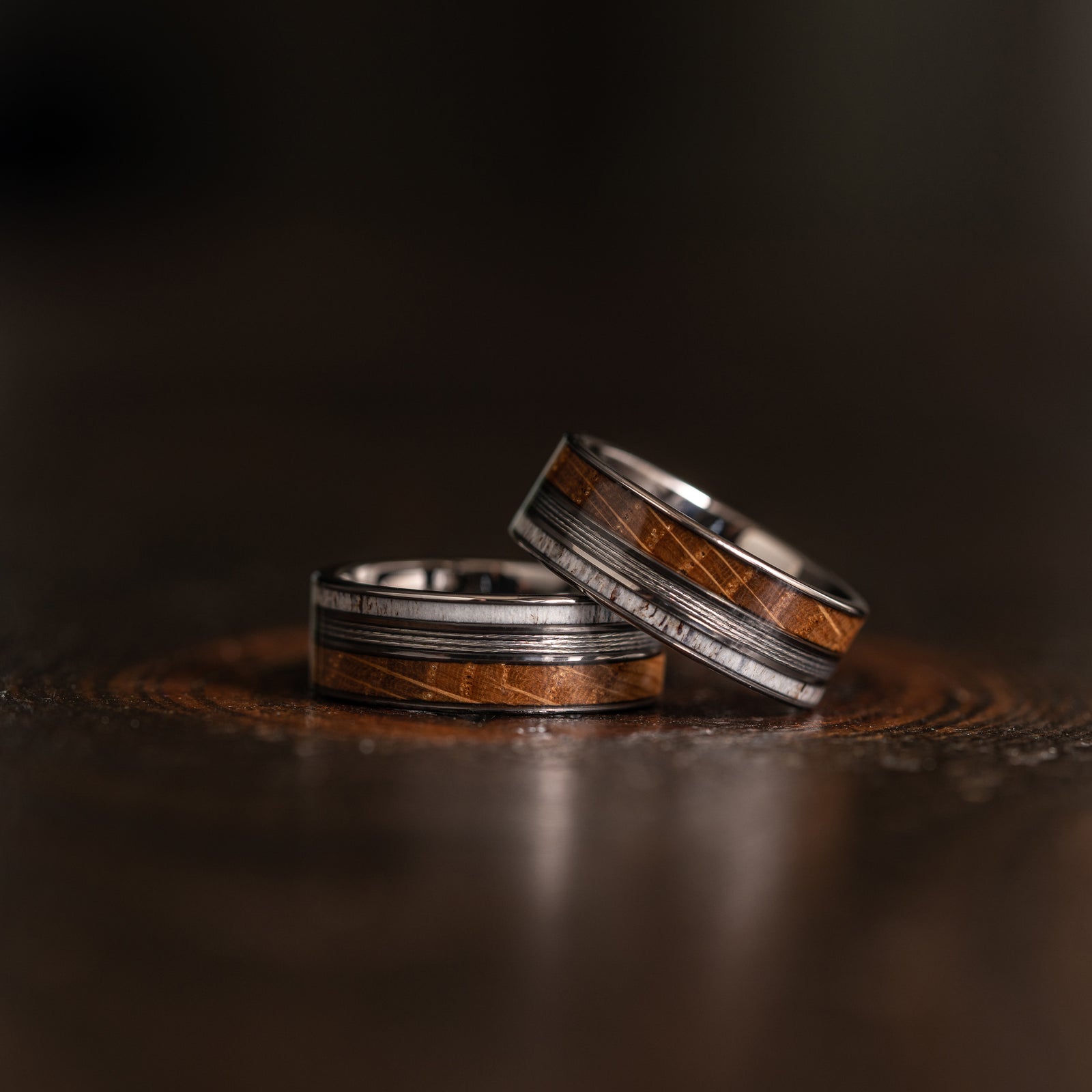 "Dionysus" Whiskey Barrel Wood x Antler x Fishing Line- Gunmetal Tungsten