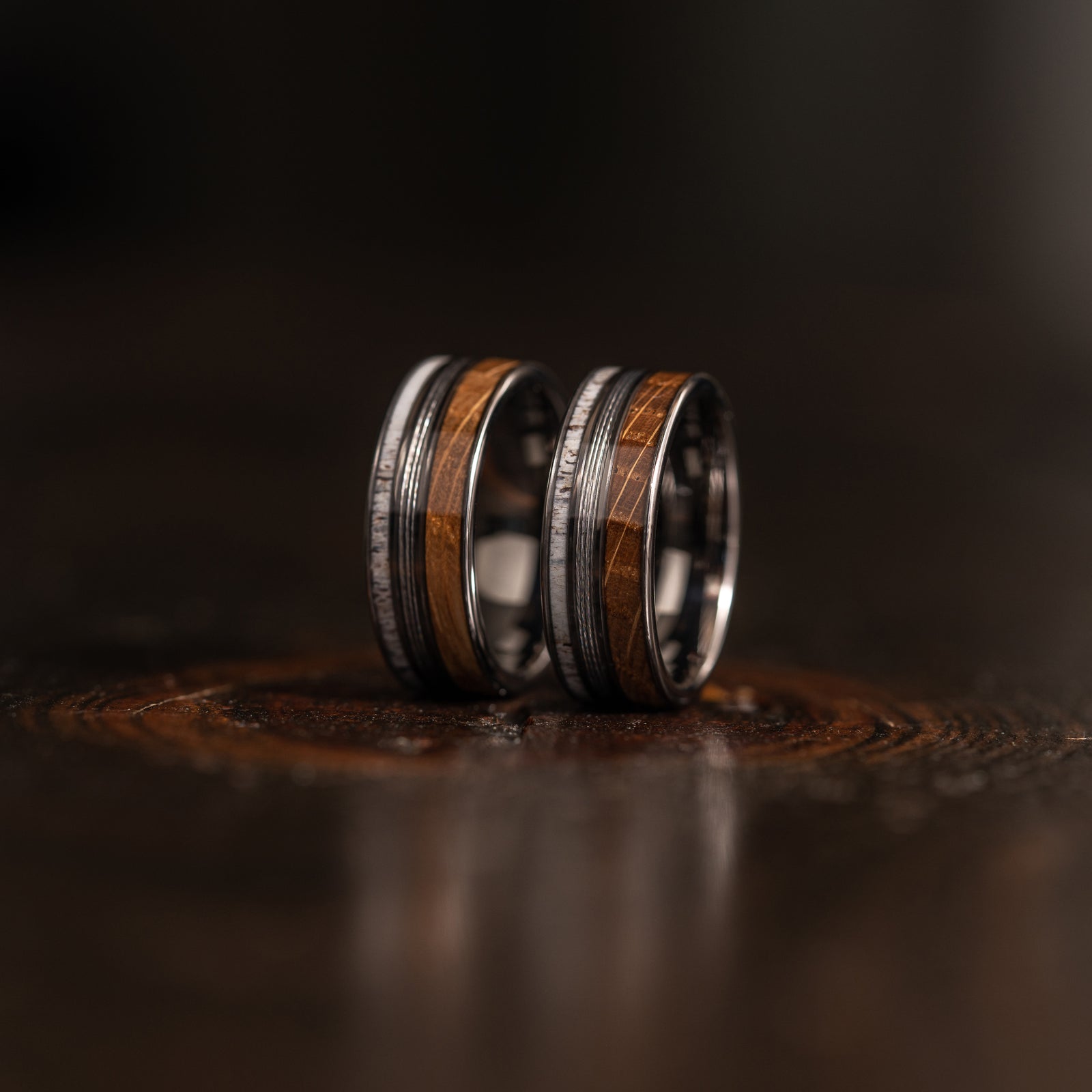 "Dionysus" Whiskey Barrel Wood x Antler x Fishing Line- Gunmetal Tungsten