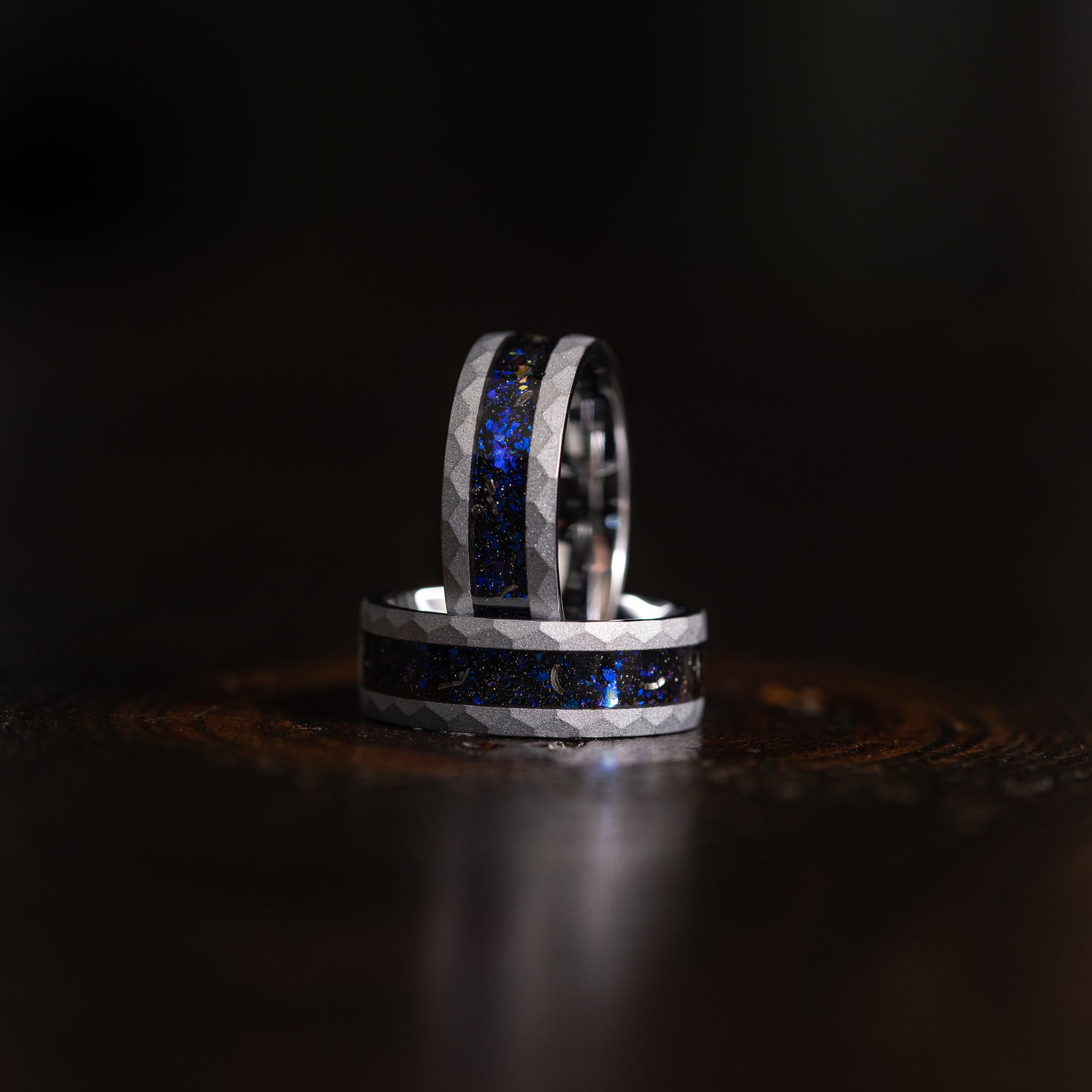 "Zeus" Hammered Nebula Ring- Meteorite and Opal- Silver 8mm