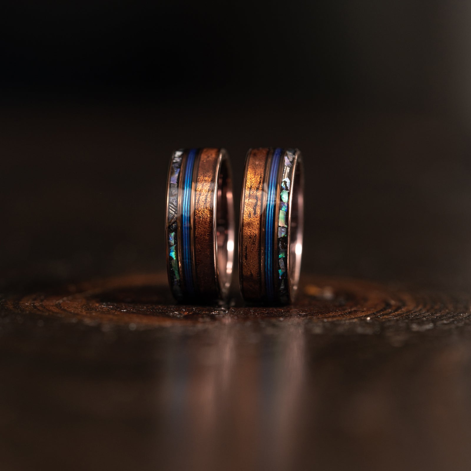 "Dionysus" Koa Wood x Abalone x Fishing Line- Smoked Rose Gold Tungsten