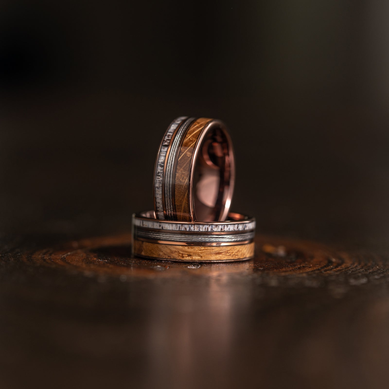 "Dionysus" Whiskey Barrel Wood x Antler x Fishing Line- Smoked Rose Gold Tungsten