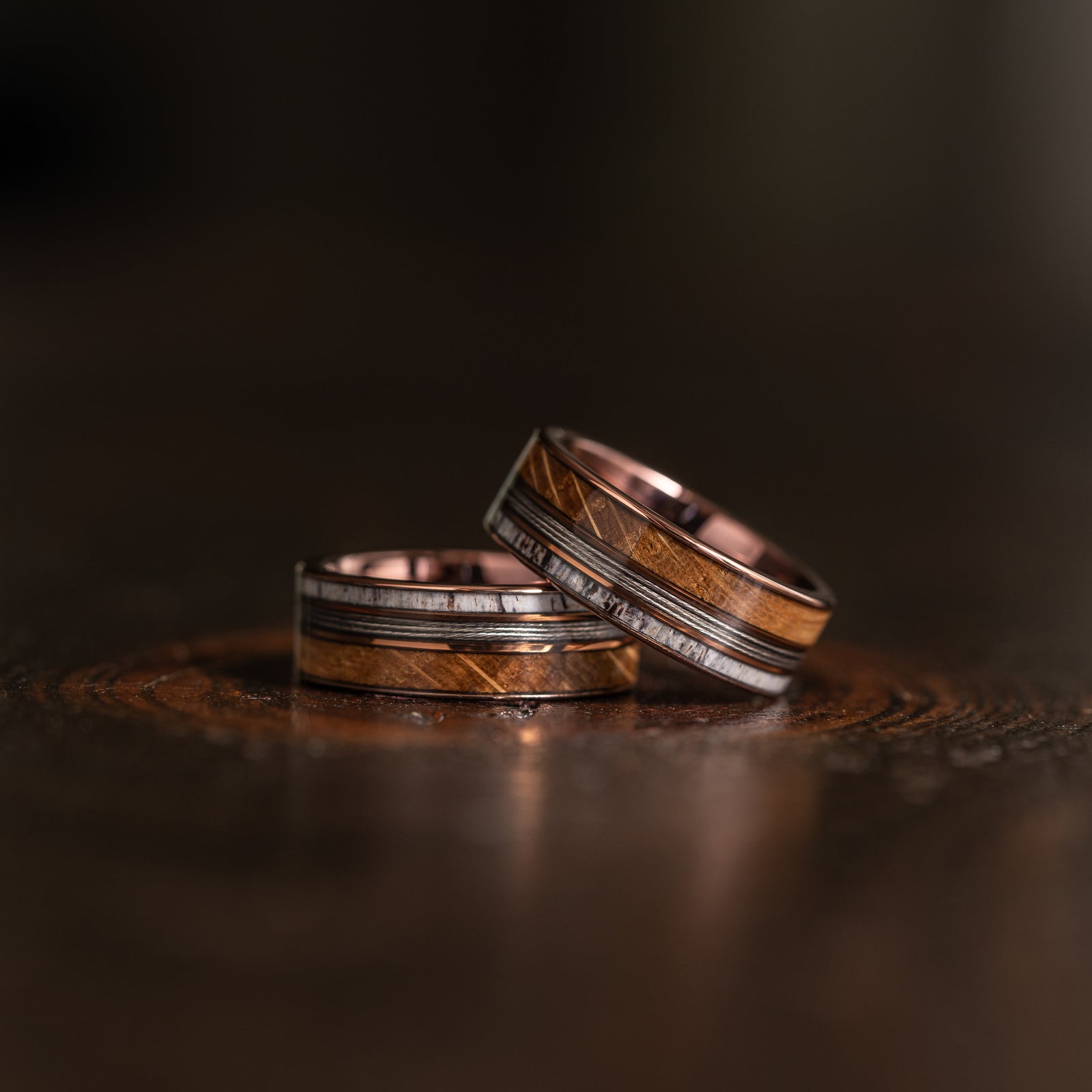 "Dionysus" Whiskey Barrel Wood x Antler x Fishing Line- Smoked Rose Gold Tungsten