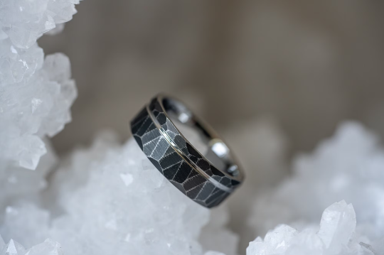 "Zeus" Distressed Hammered Tungsten Carbide Ring- Black w/ White Gold Gold Strip- 8mm