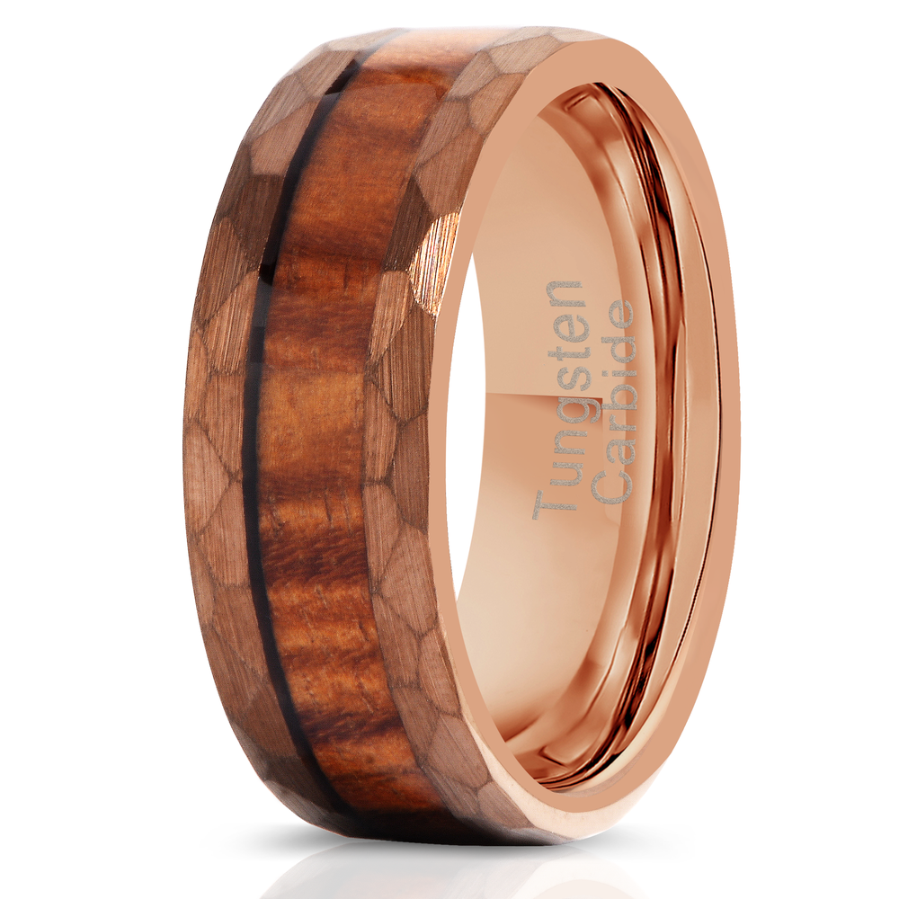 "Zeus" Hammered Tungsten Carbide Ring- Coffee with Hawaiian Koa Wood-Rings By Lux