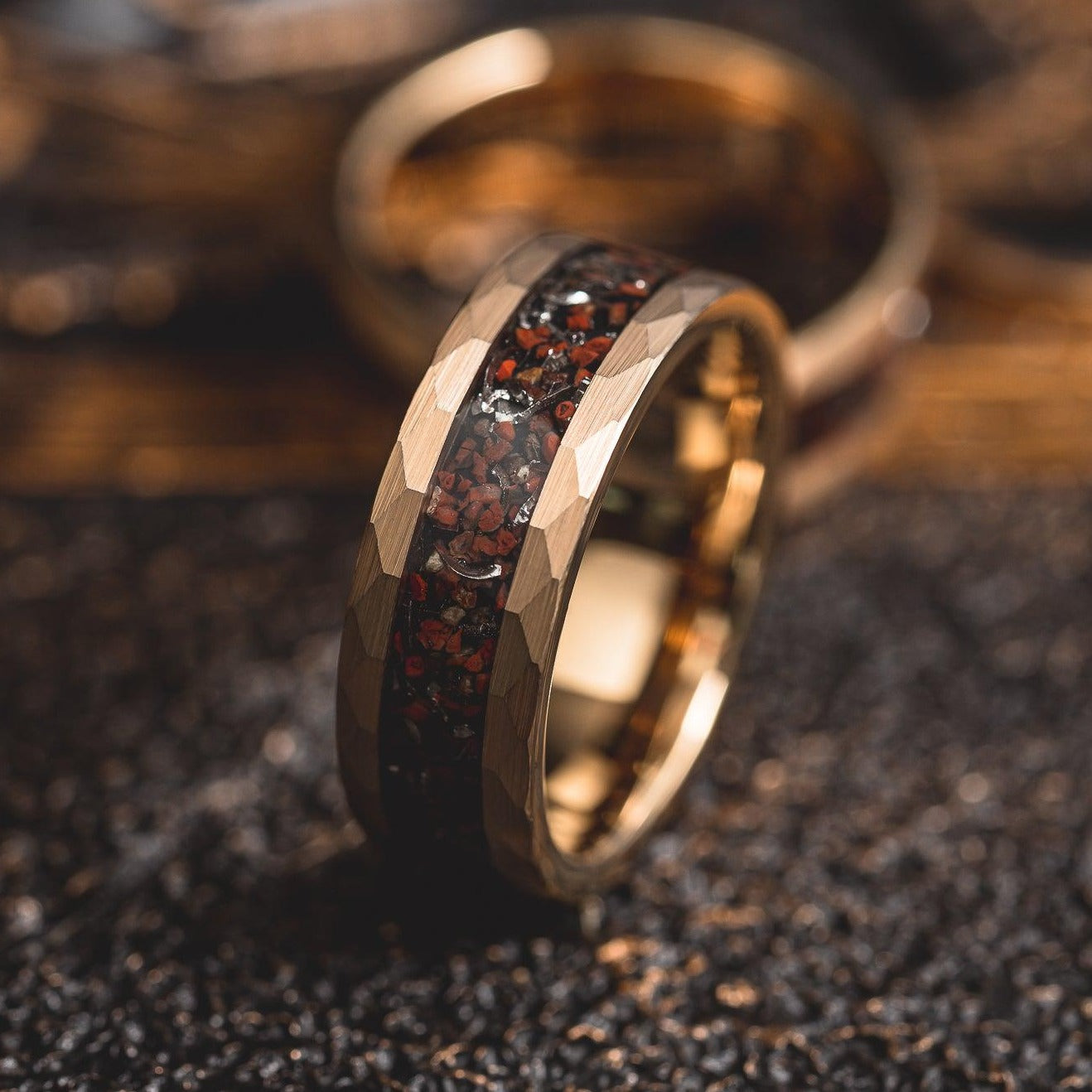 "Perseus" Yellow Gold Hammered Tungsten Carbide Ring- Dinosaur Bones and Meteorite- 6mm/8mm