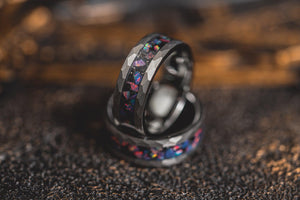 "Zeus" Hammered Tungsten Carbide Ring- Meteorite and Opal- Silver- 6mm/8mm