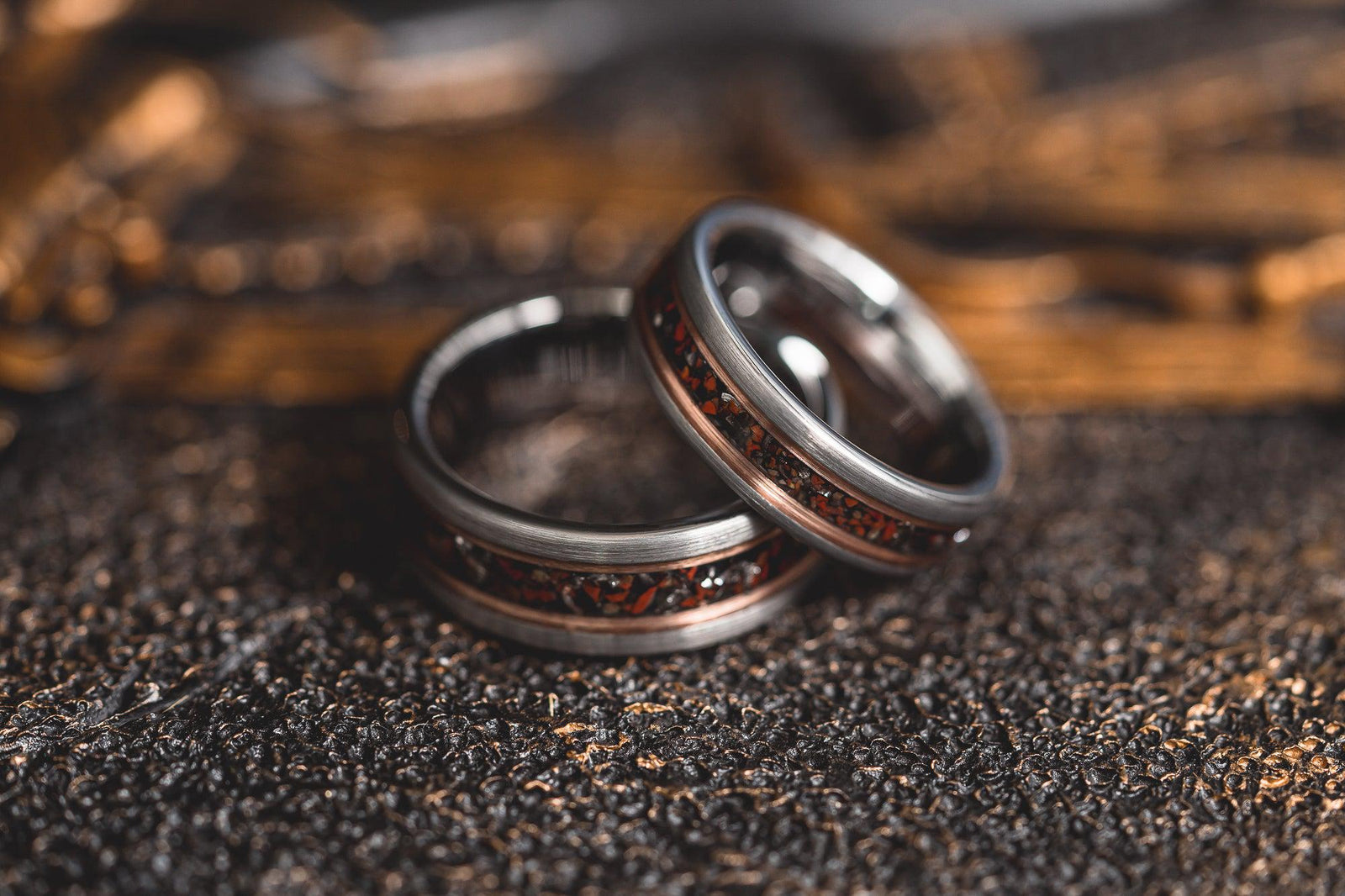 "Perseus" Silver/Rose Flat Tungsten Carbide Ring- Dinosaur Bones and Meteorite- Grey/Rose- 6mm/8mm