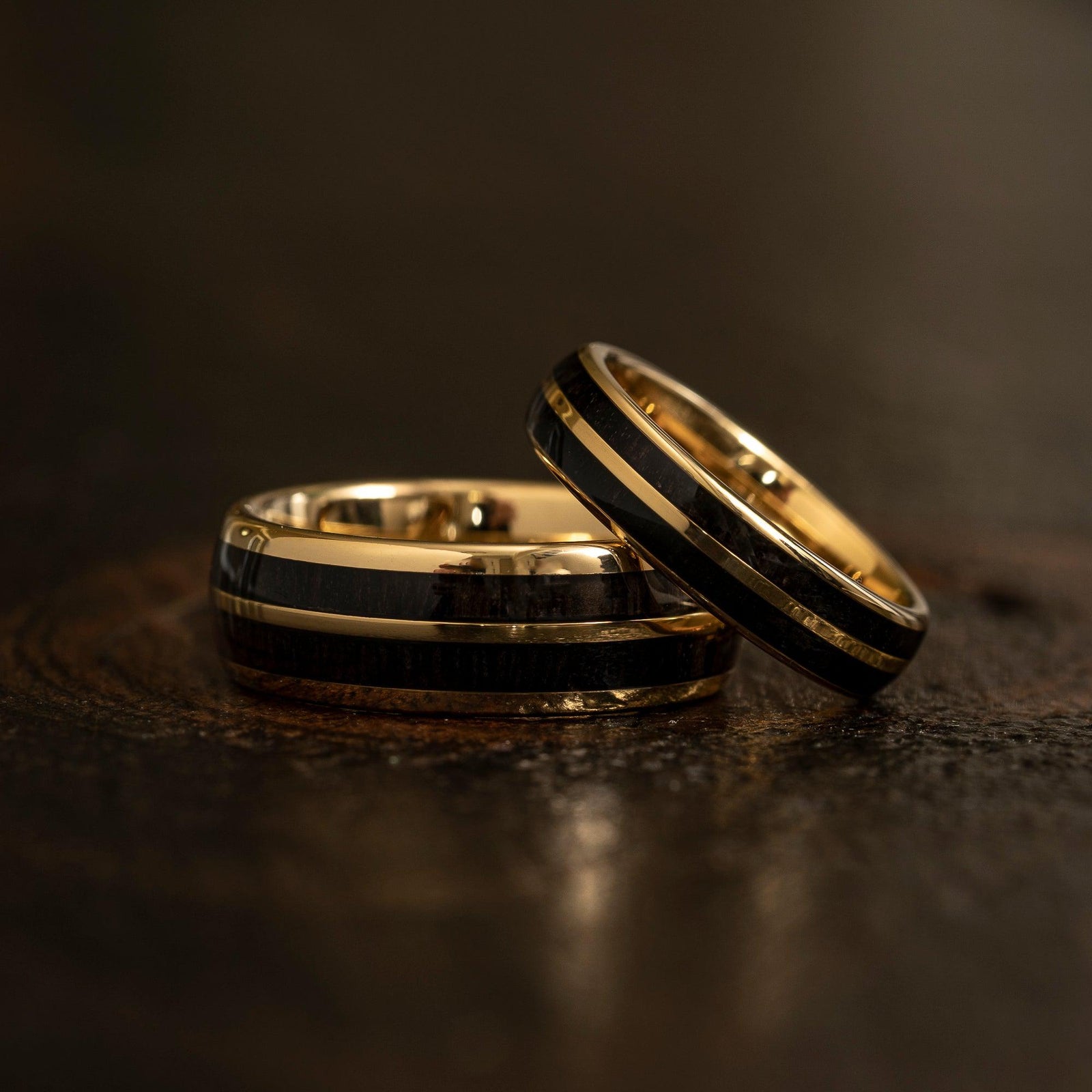 "Dionysus" Ancient Bog Oak Double Barrel Yellow Gold Tungsten Ring