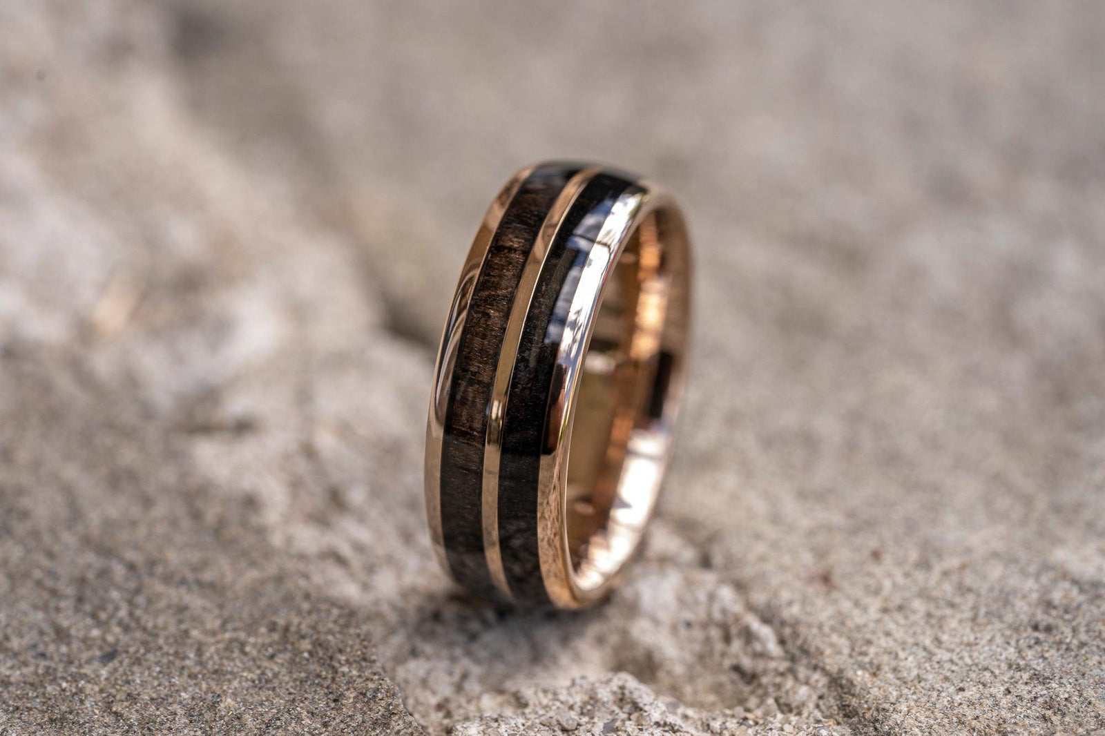 "Dionysus" Ancient Bog Oak Double Barrel Rose Gold Tungsten Ring