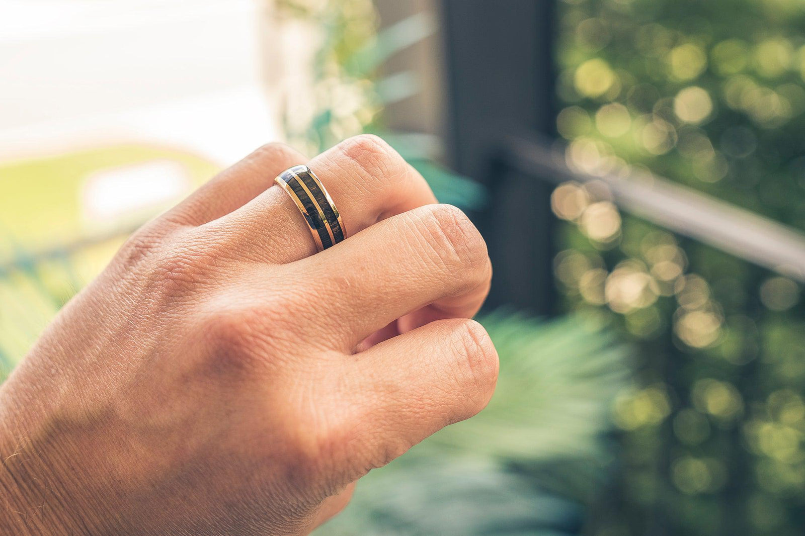 "Dionysus" Ancient Bog Oak Double Barrel Rose Gold Tungsten Ring