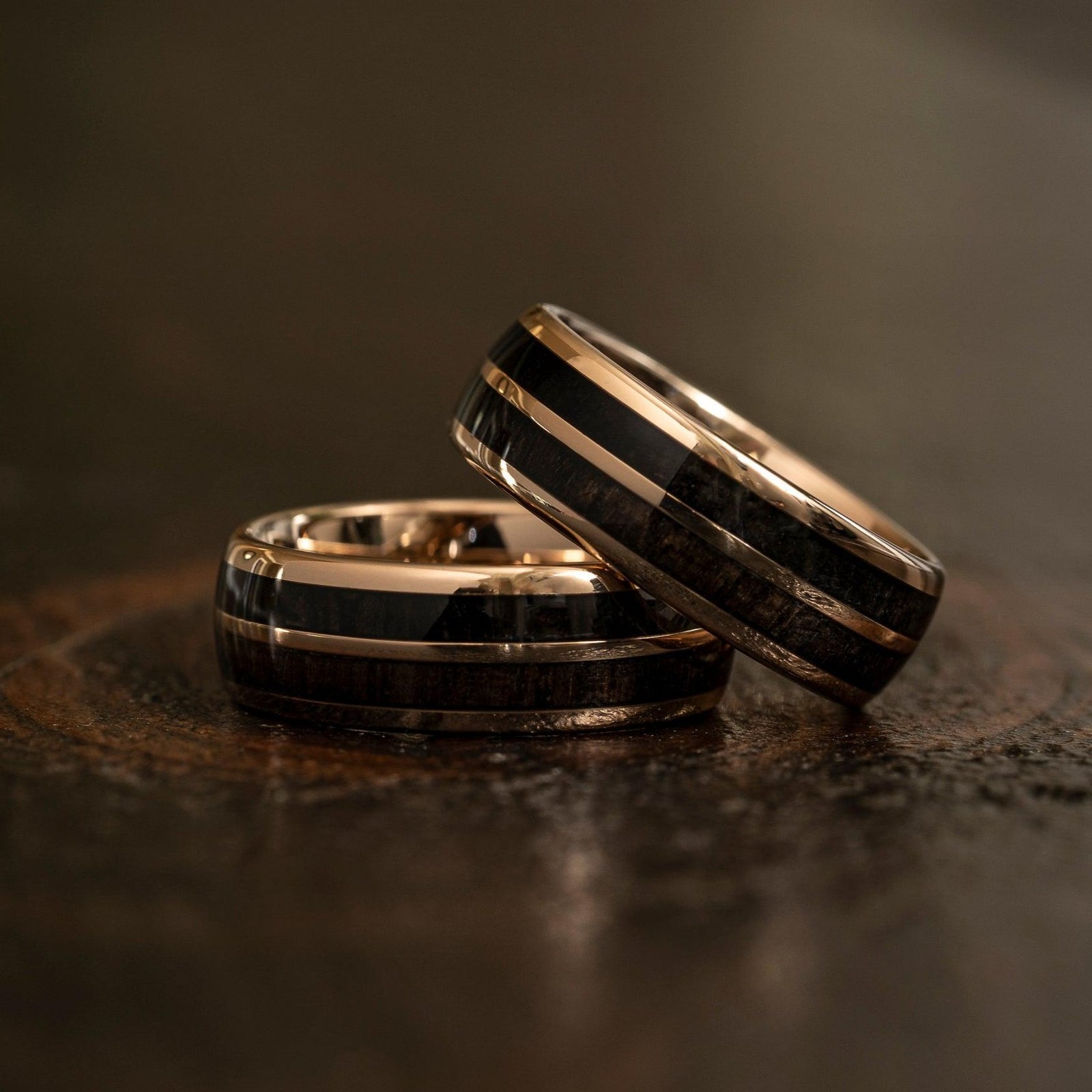 "Dionysus" Ancient Bog Oak Double Barrel Rose Gold Tungsten Ring