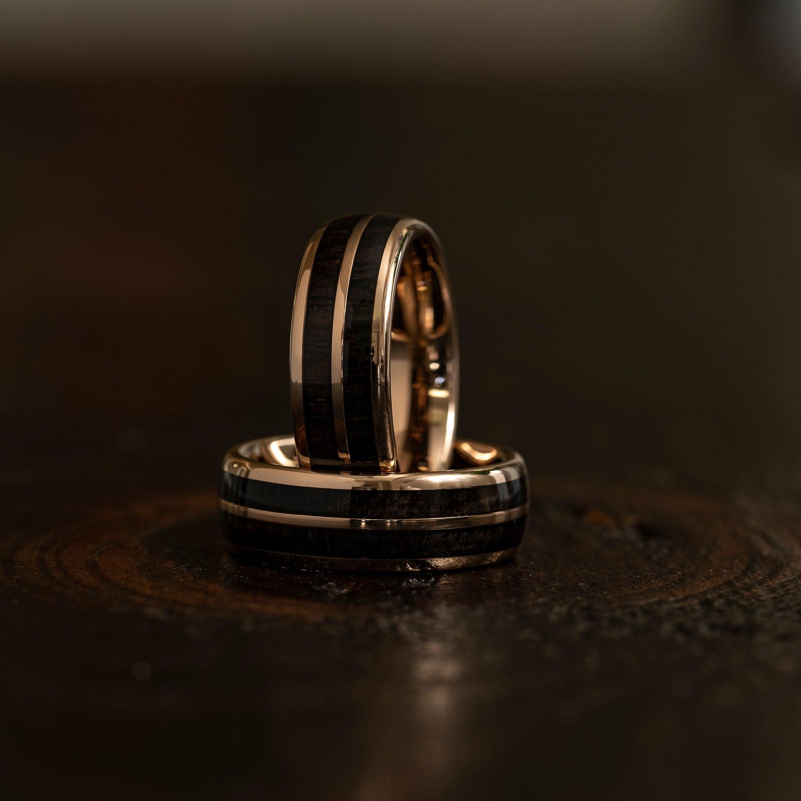 "Dionysus" Ancient Bog Oak Double Barrel Rose Gold Tungsten Ring