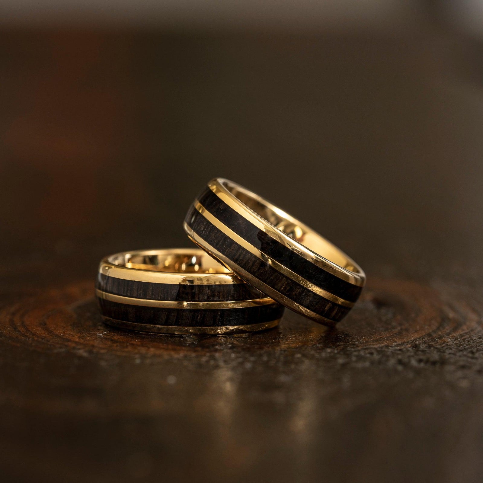 "Dionysus" Ancient Bog Oak Double Barrel Yellow Gold Tungsten Ring