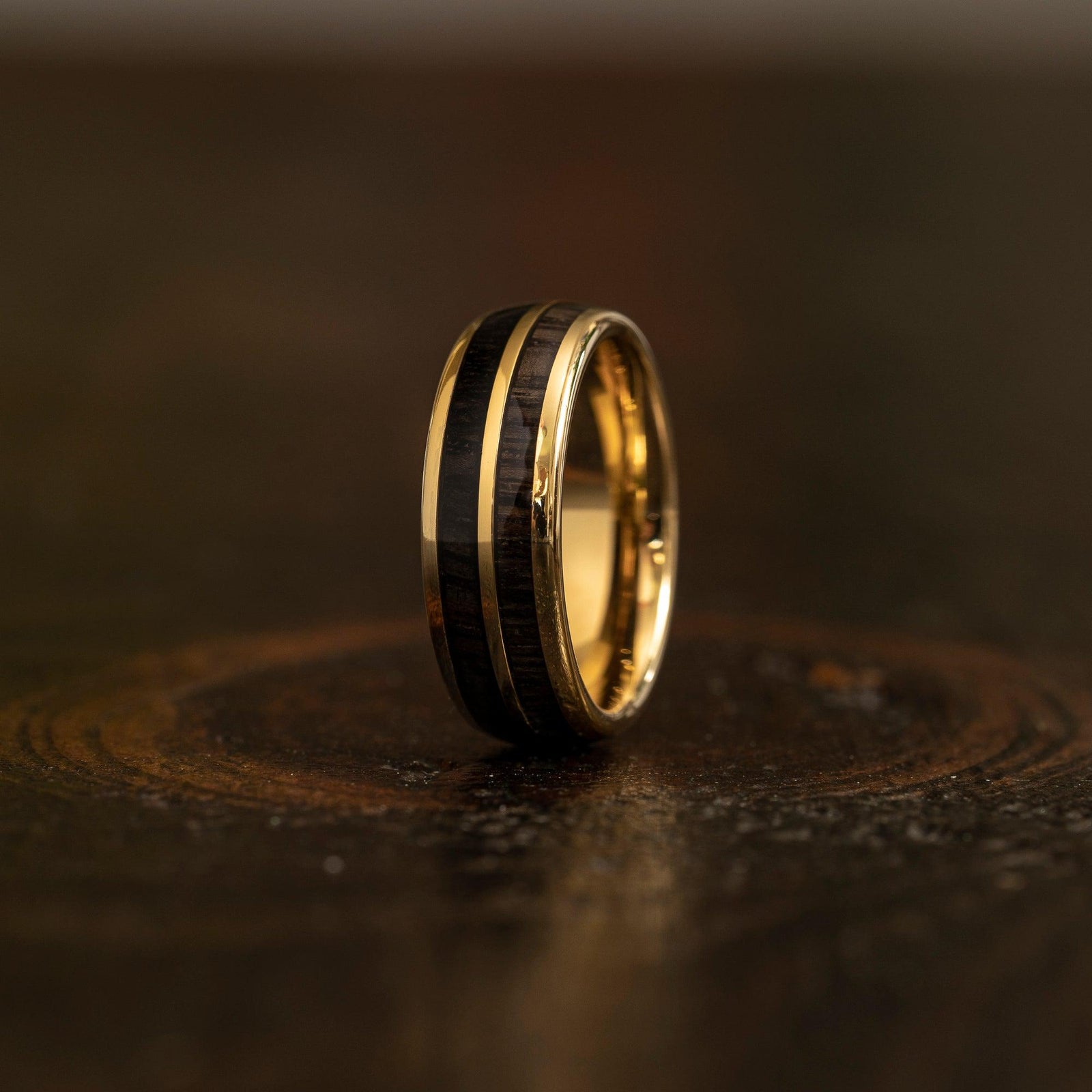 "Dionysus" Ancient Bog Oak Double Barrel Yellow Gold Tungsten Ring
