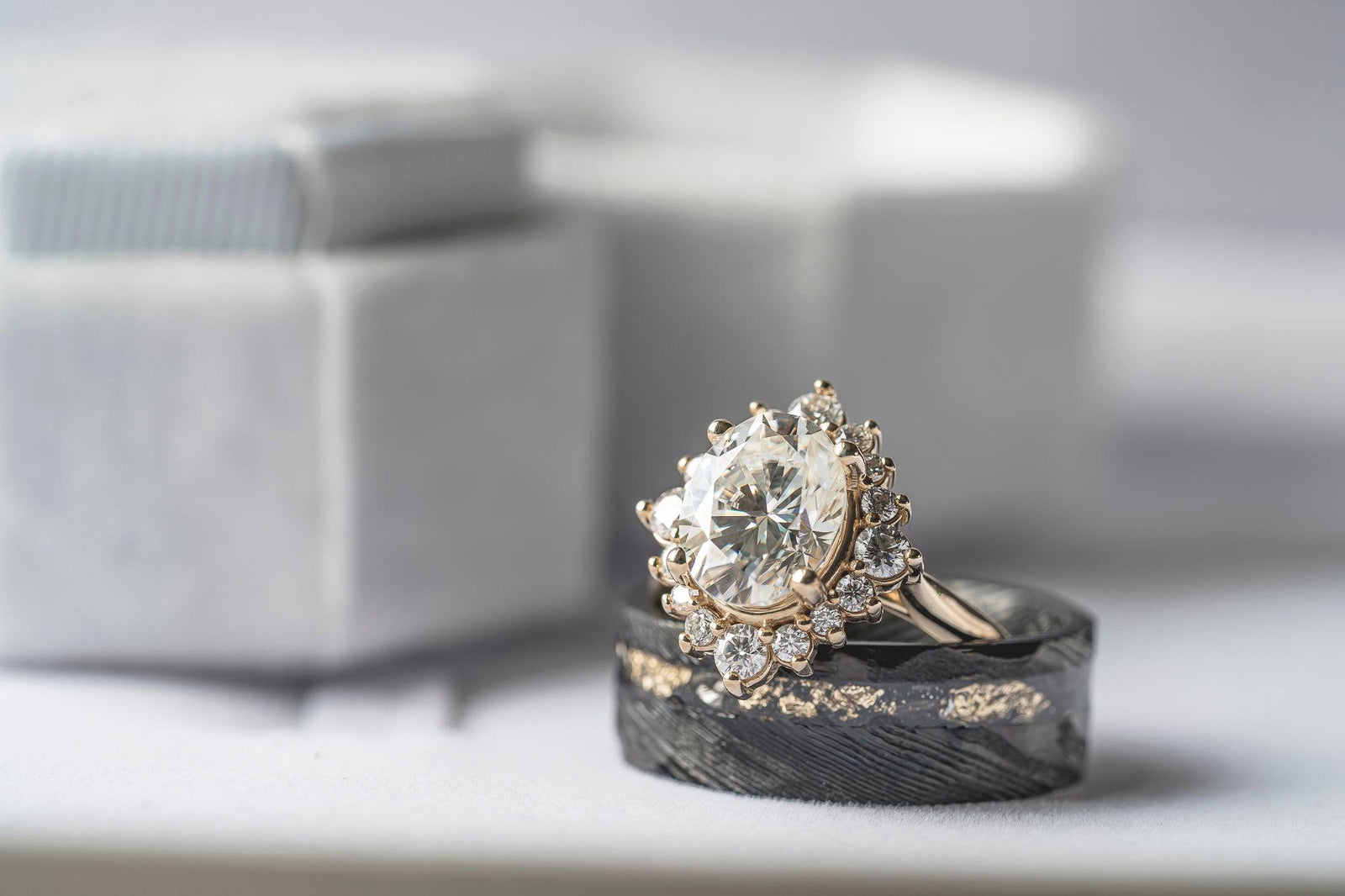 Black Hammered Flat "Poseidon" Meteorite/Gold Leaf Inlay- Steel Ring