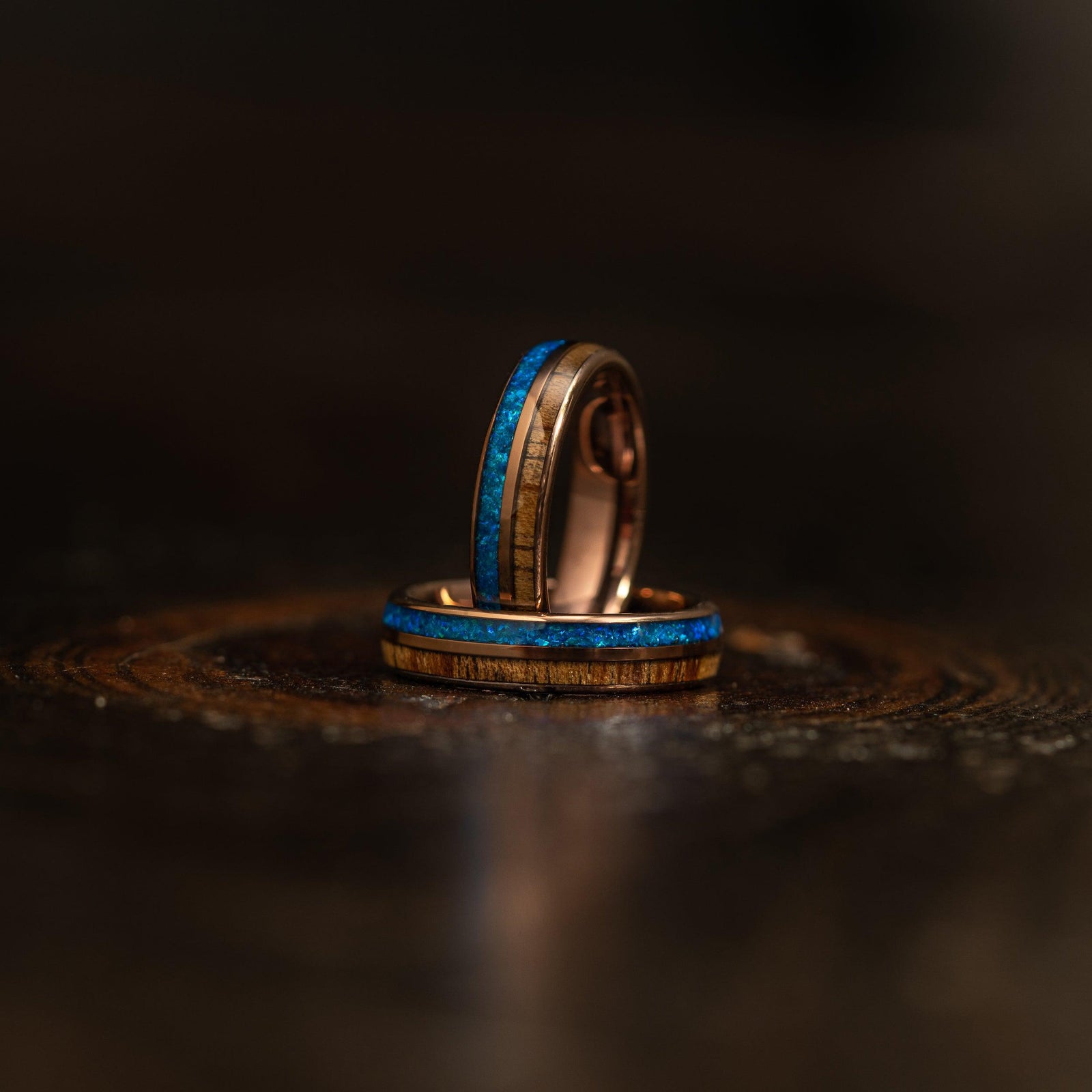 "Dionysis" Womens Tungsten Carbide Ring- Smoked Rose Gold X Blue Opal- 5mm