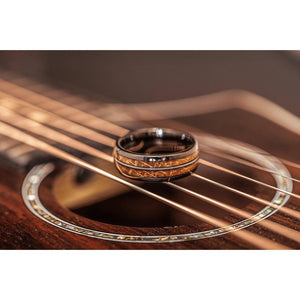 "Dionysus" Whisky Barrel Wood x Guitar String Ring- Gunmetal Tungsten-Rings By Lux
