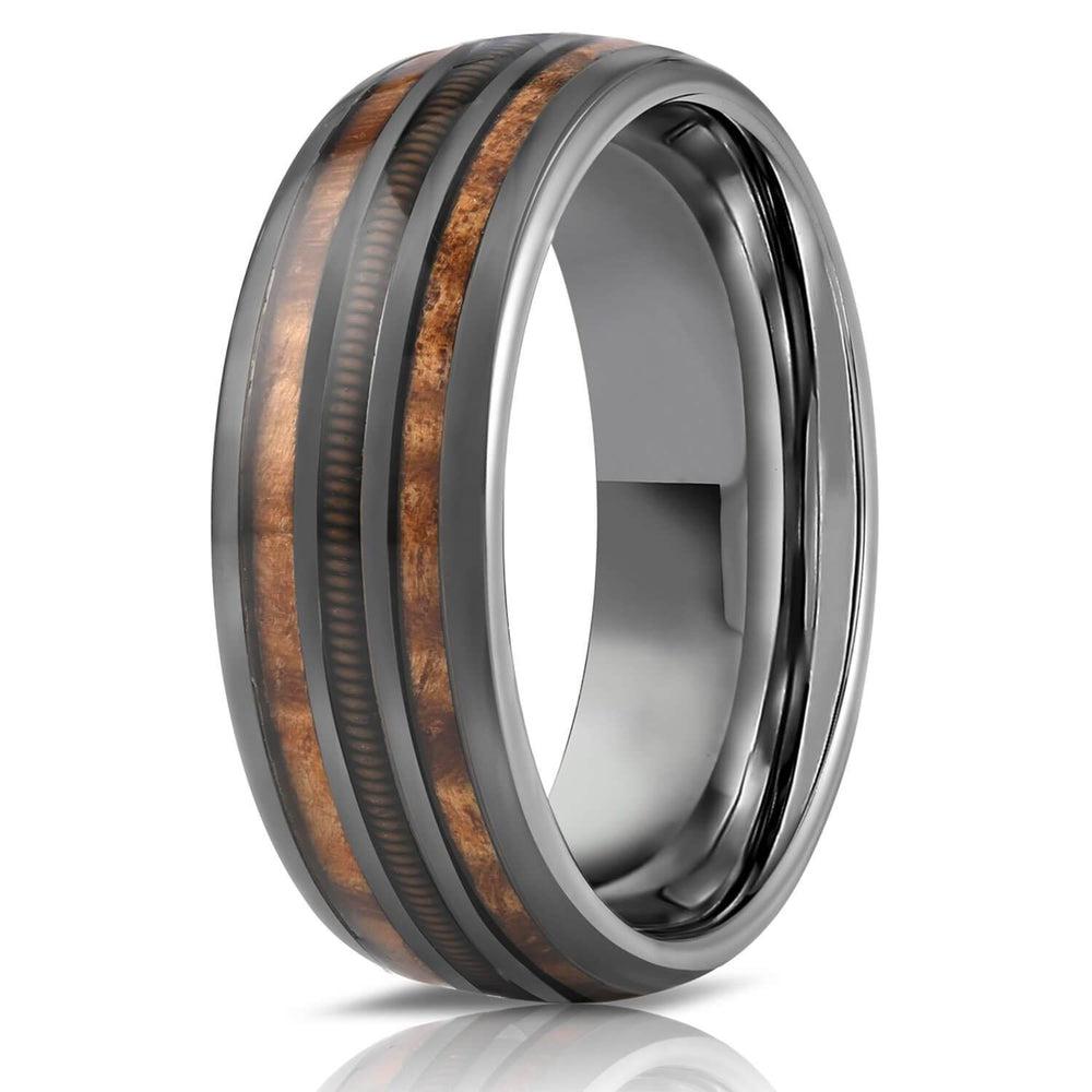 "Dionysus" Hawaiian Koa Wood x Guitar String Ring- Gunmetal Tungsten-Rings By Lux