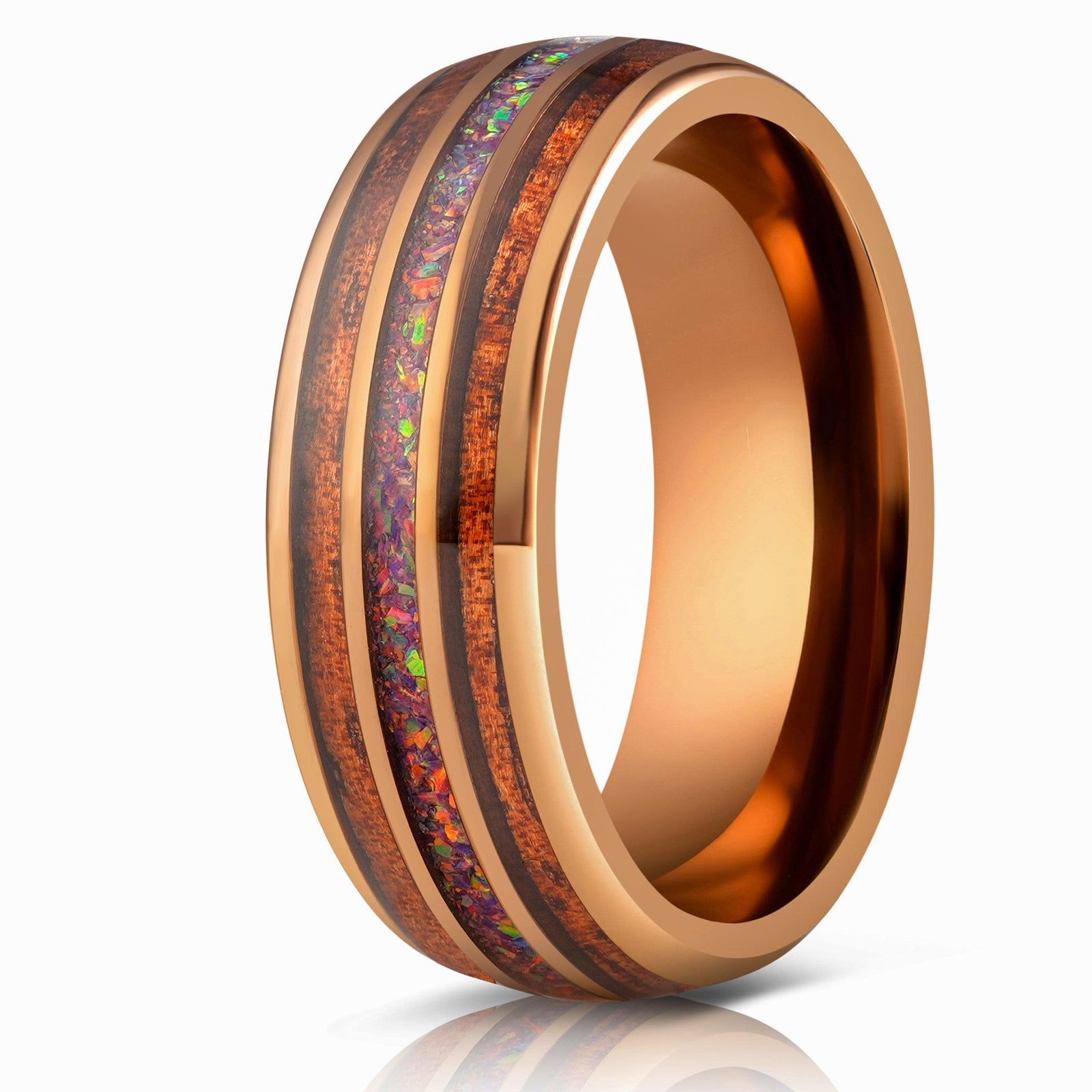 "Dionysus" Koa x Purple Galactic Opal - Smoked rose gold Tungsten Ring