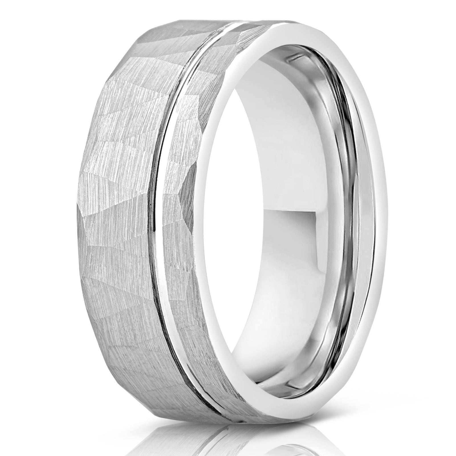"Zeus" Hammered Tungsten Carbide Ring- Flat with Silver Strip- 6mm/8mm