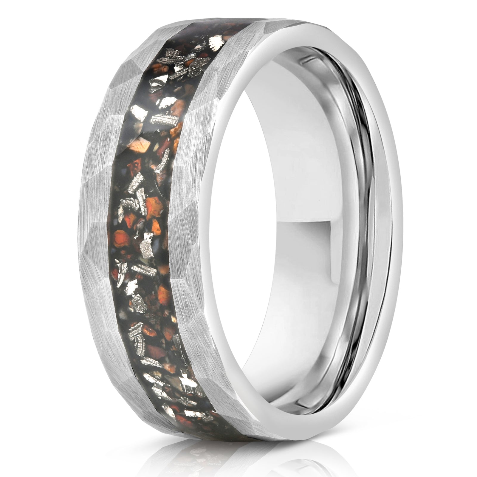 "Perseus" Silver Hammered Tungsten Carbide Ring- Dinosaur Bones and Meteorite- 6mm/8mm