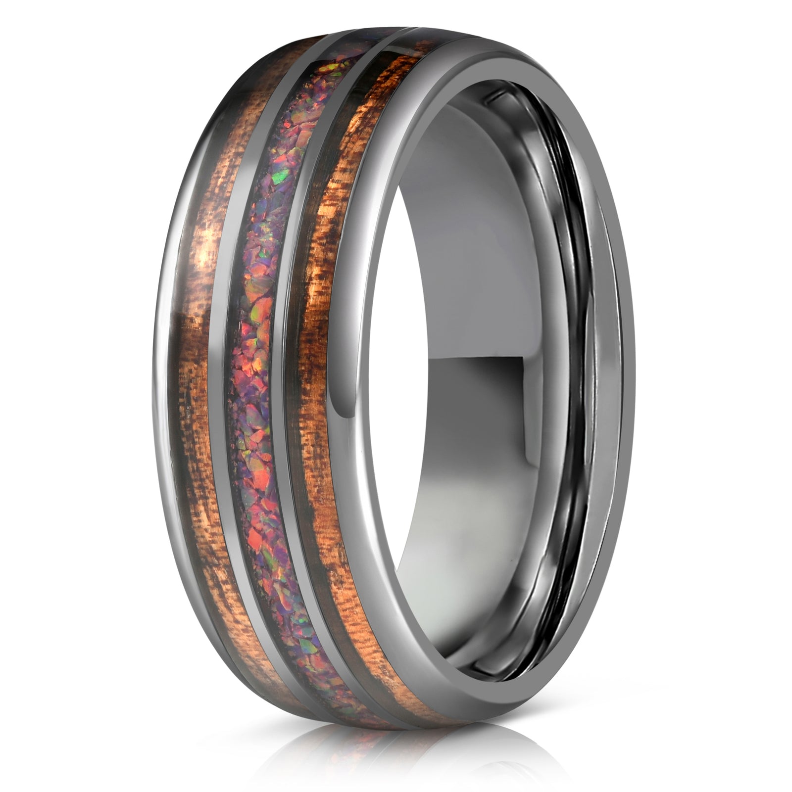 "Dionysus" Koa x Purple Galactic Opal Gunmetal Tungsten Ring