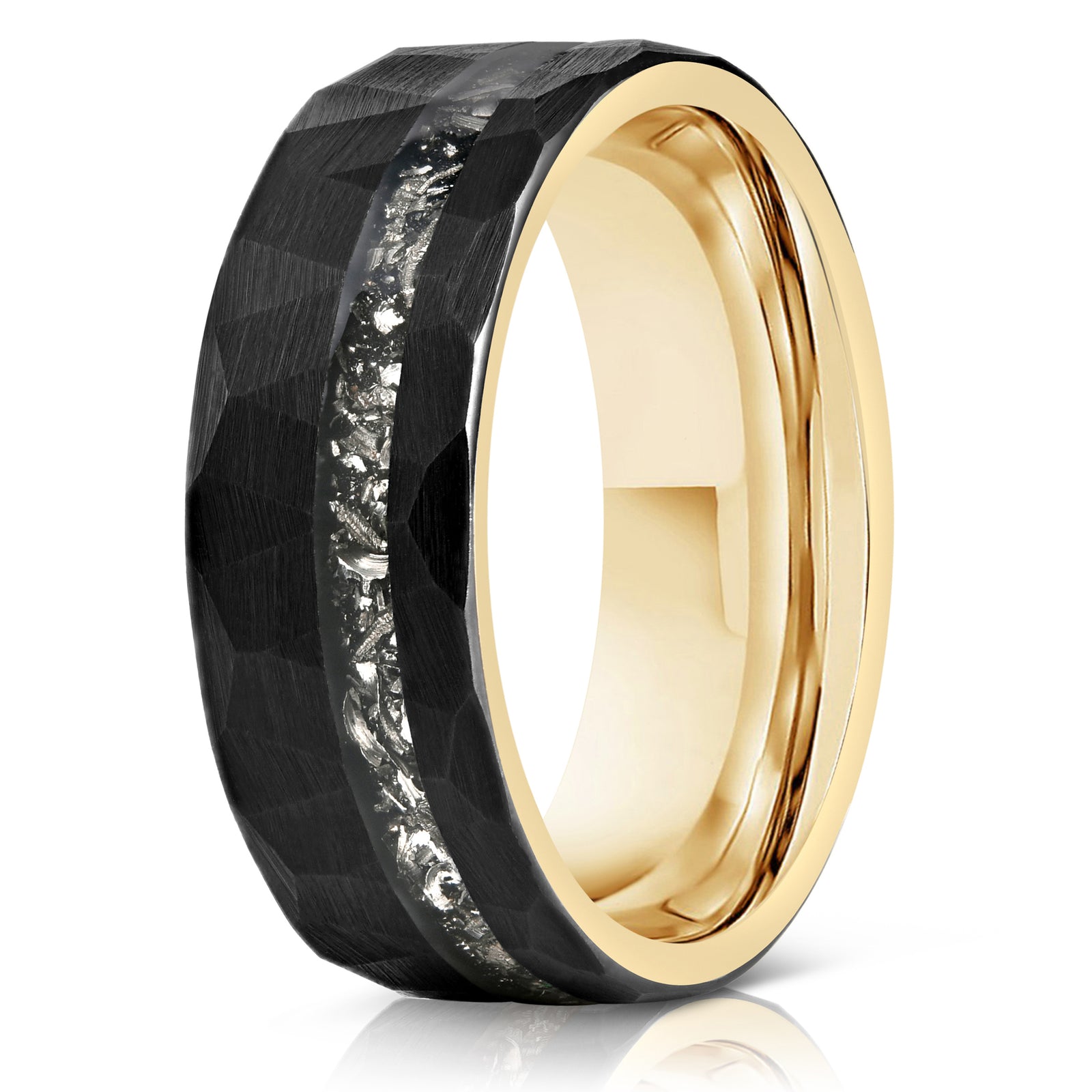"Zeus" Hammered Tungsten Carbide Ring- Black/Yellow Gold w/ Meteorite- 8mm
