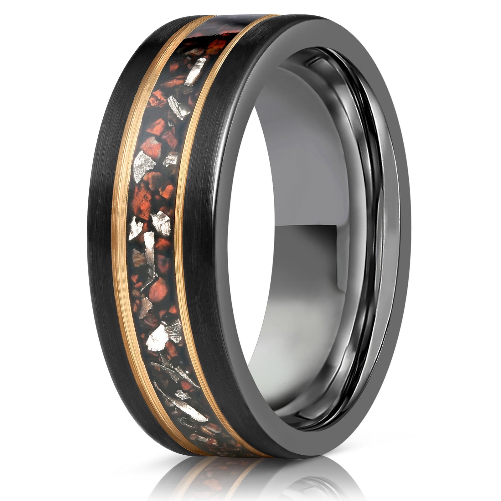 "Perseus" Black/Rose Flat Tungsten Carbide Ring- Dinosaur Bones and Meteorite- 8mm